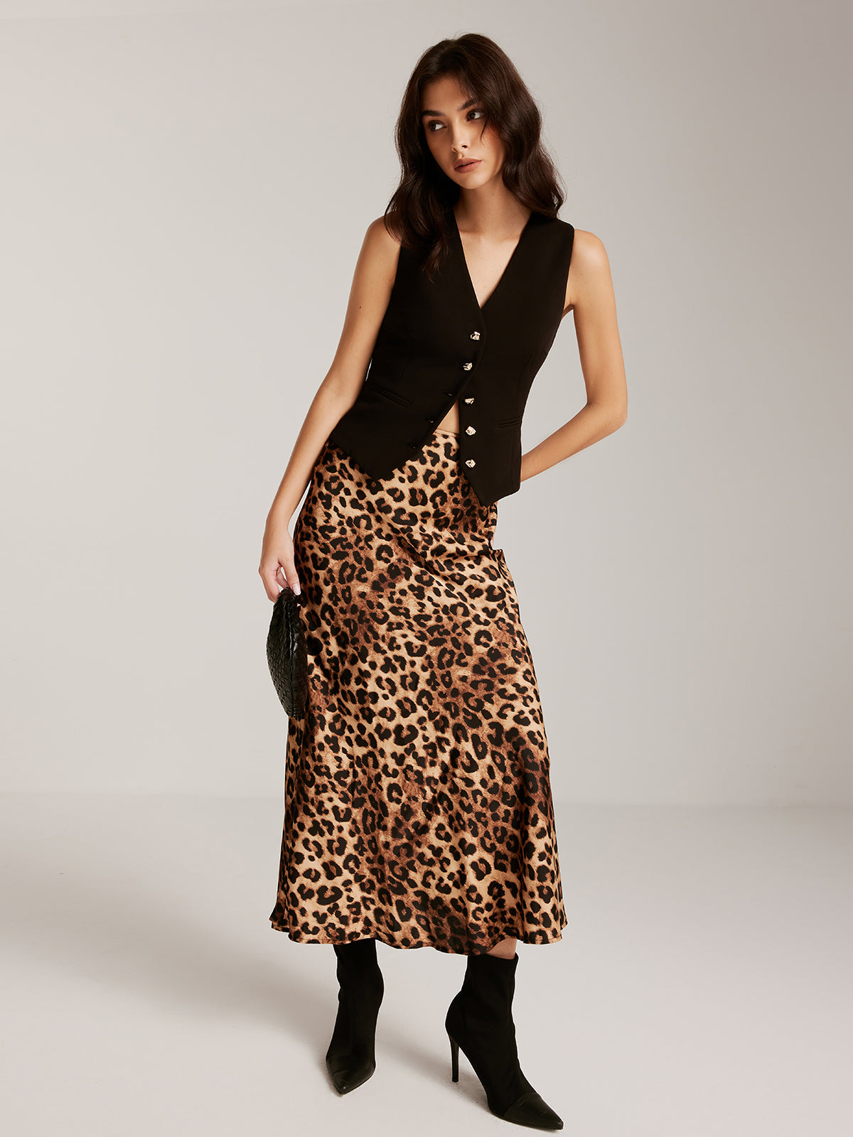 Metal-Button Vest With Leopard Zipper Skirt Set