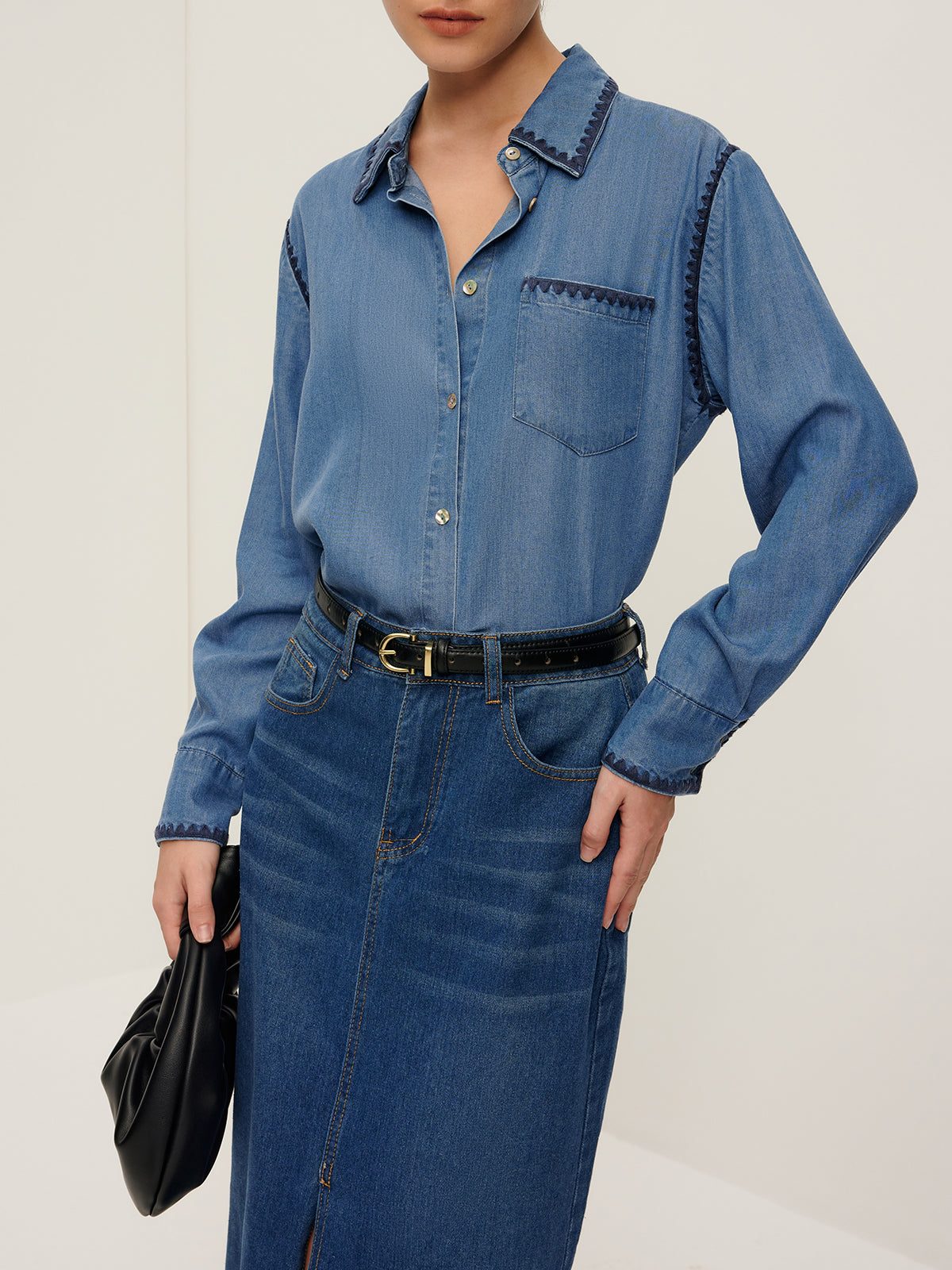 Embroidered Trim Lapel Denim Shirt