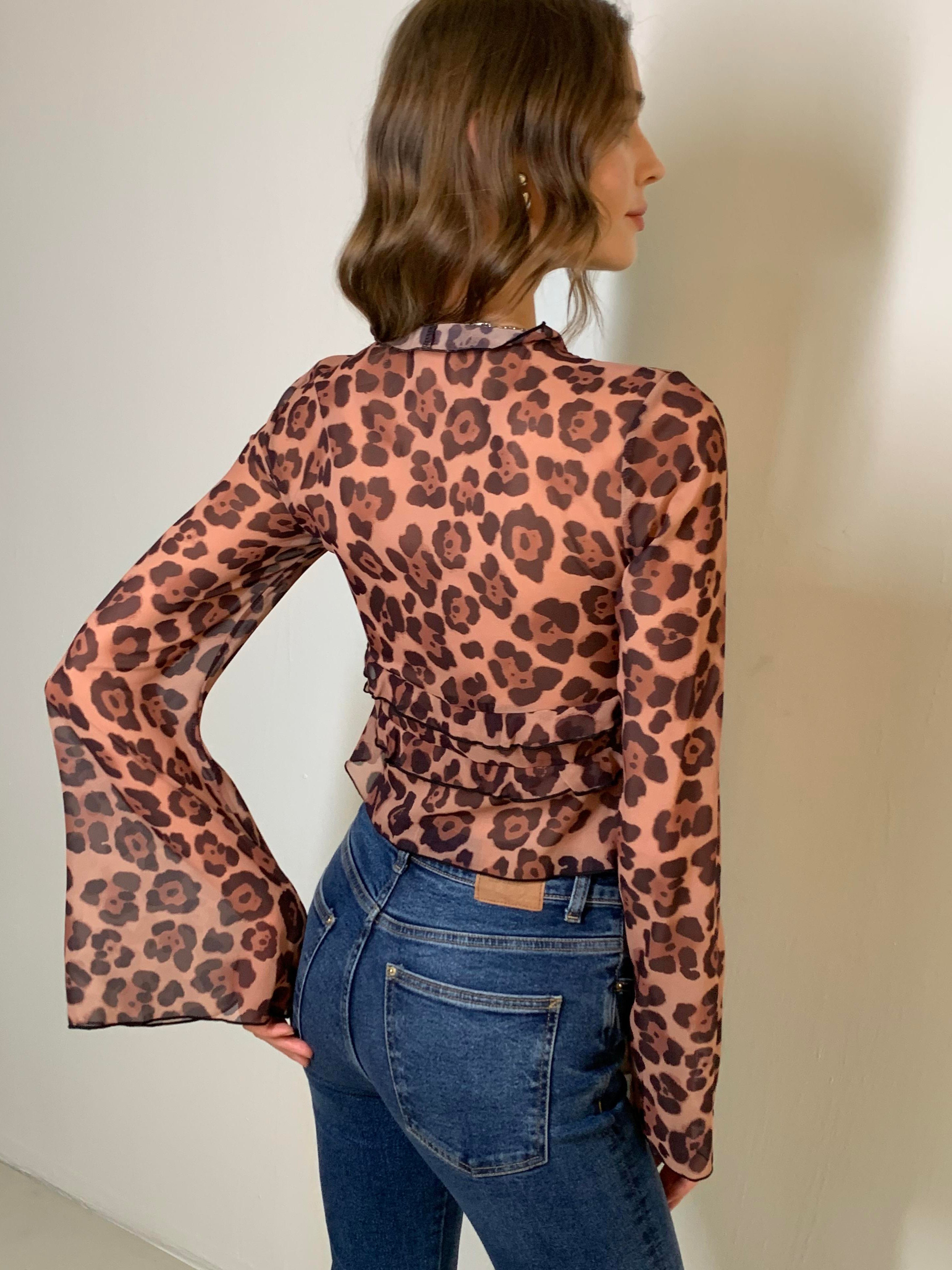 Leopard Print Semi-Sheer Ruffle V-Neck Blouse