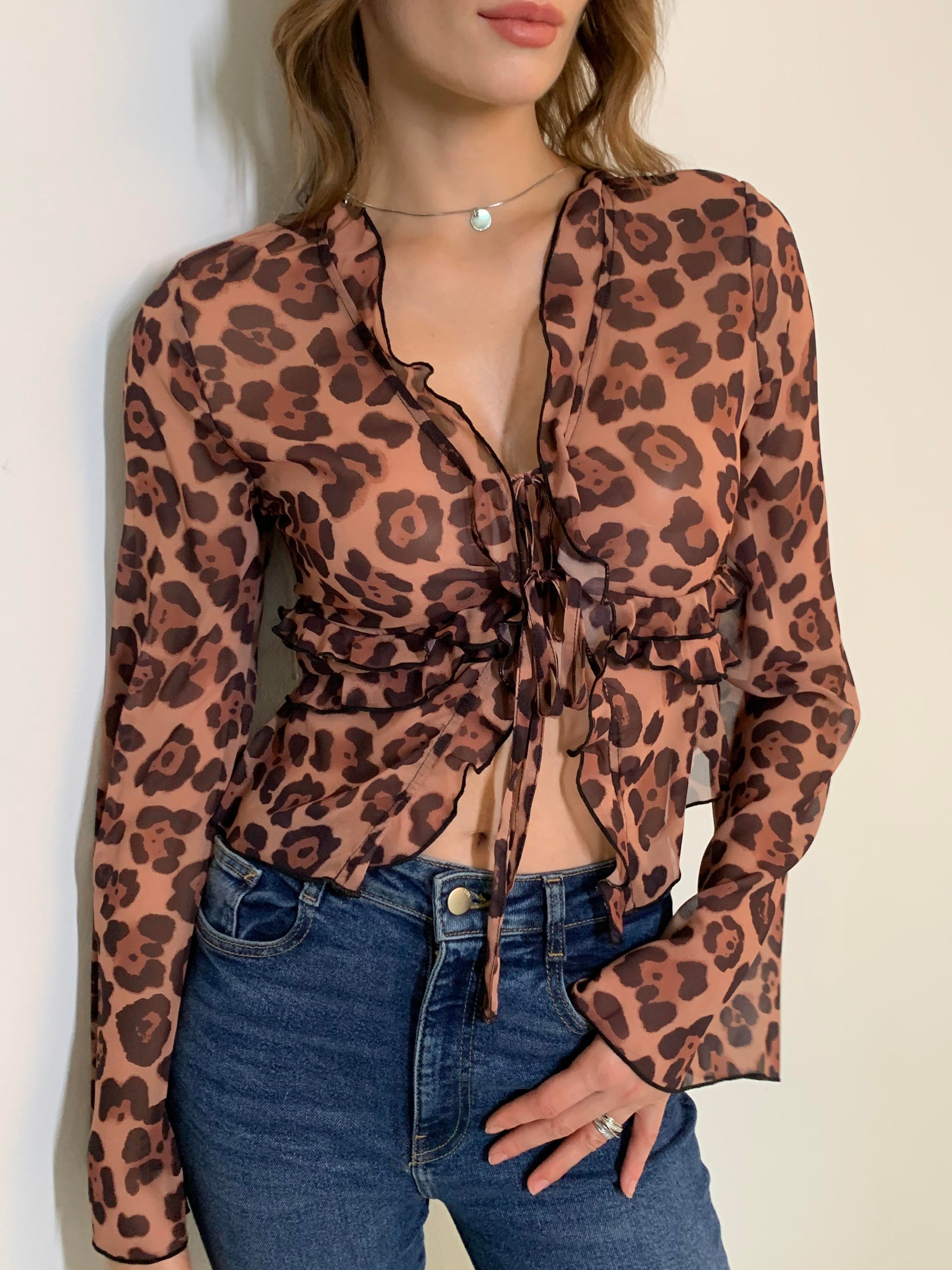 Leopard Print Semi-Sheer Ruffle V-Neck Blouse