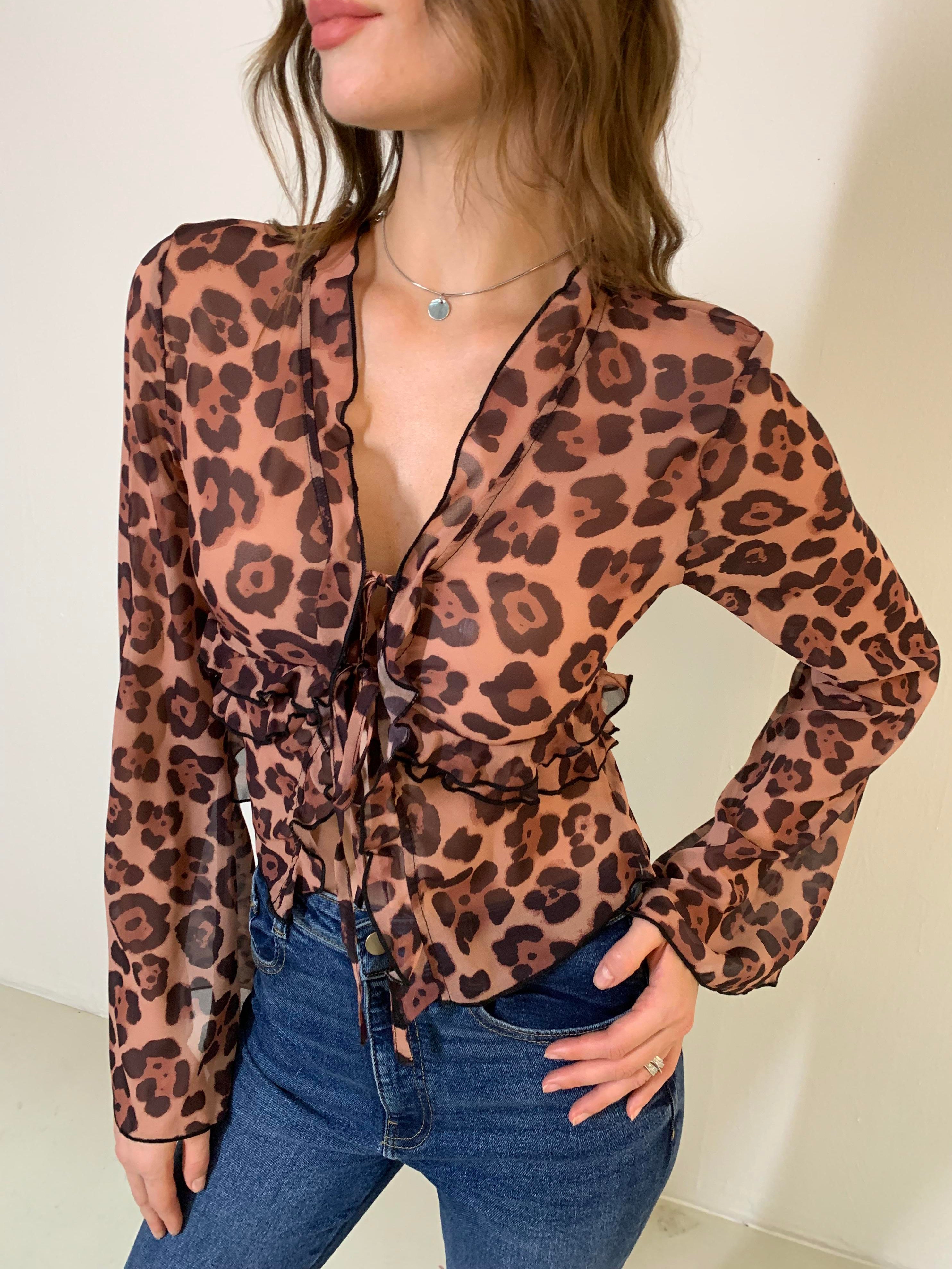 Leopard Print Semi-Sheer Ruffle V-Neck Blouse