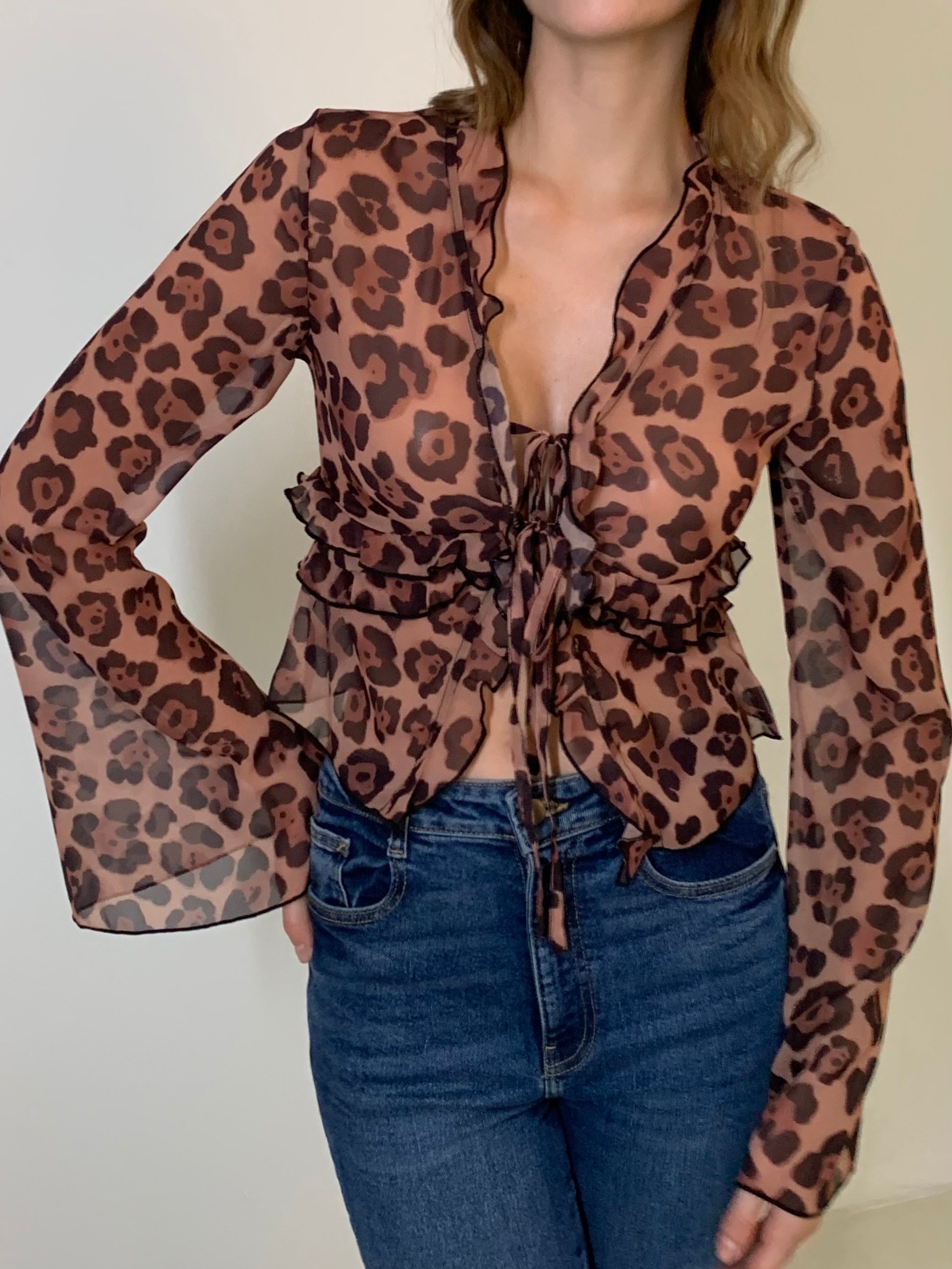 Leopard Print Semi-Sheer Ruffle V-Neck Blouse