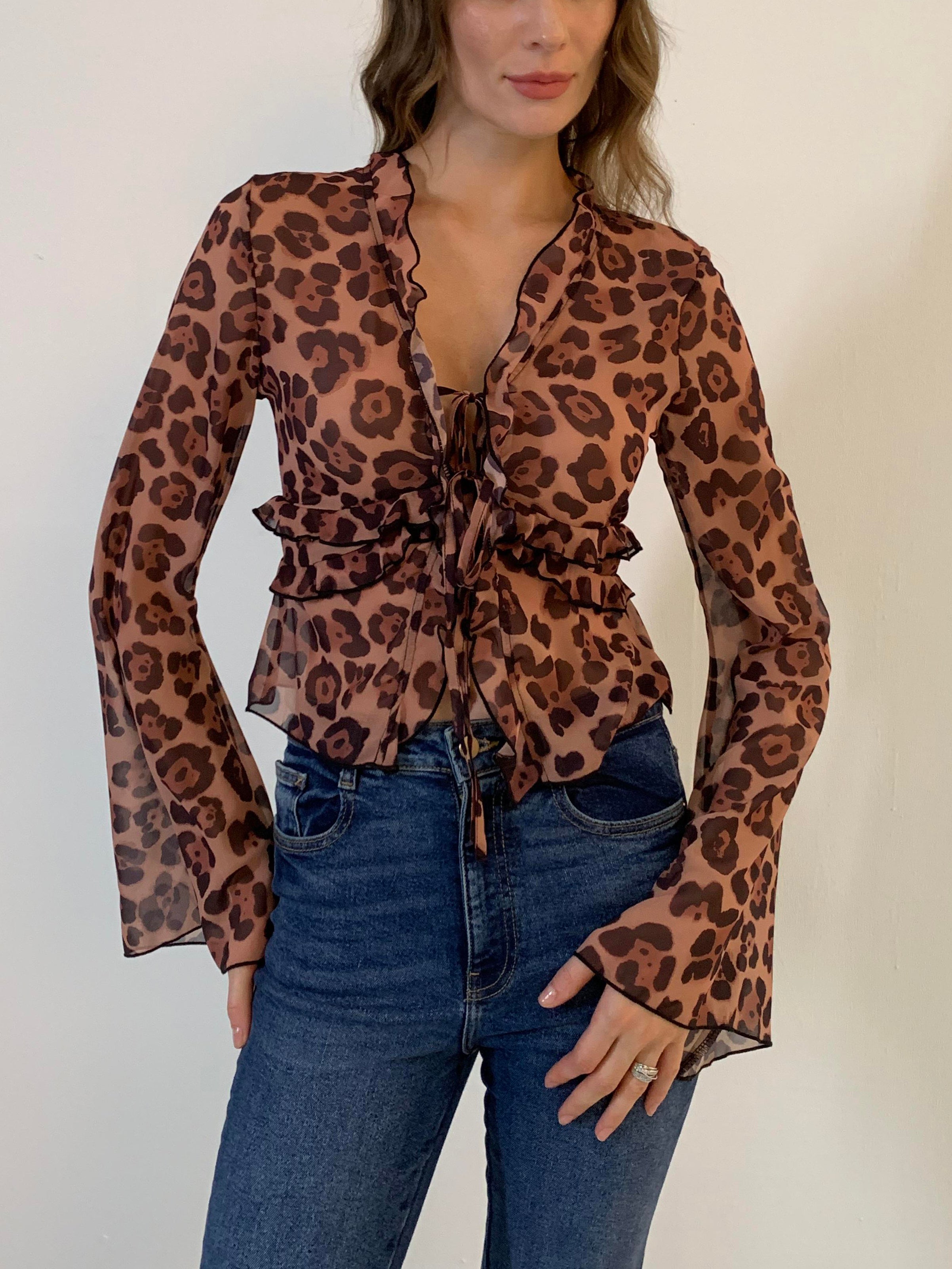 Leopard Print Semi-Sheer Ruffle V-Neck Blouse