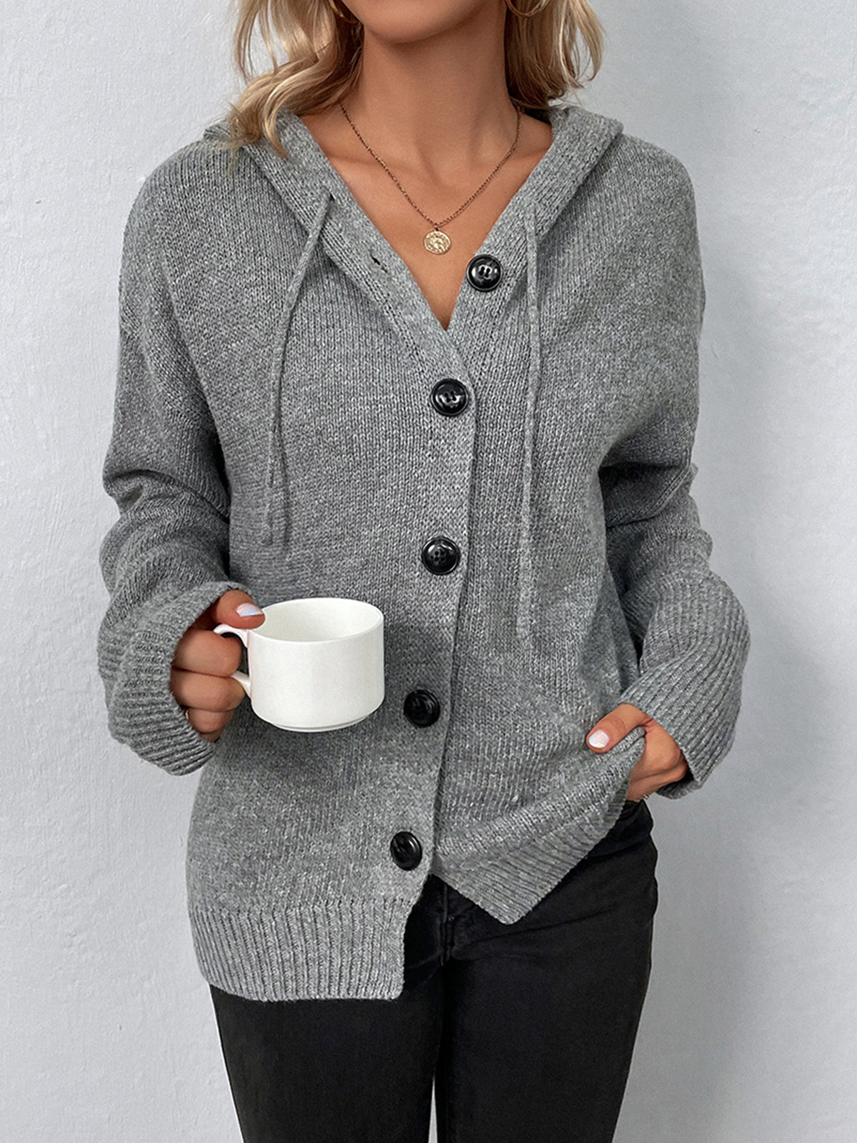 Button Drawstring Hooded Cardigan