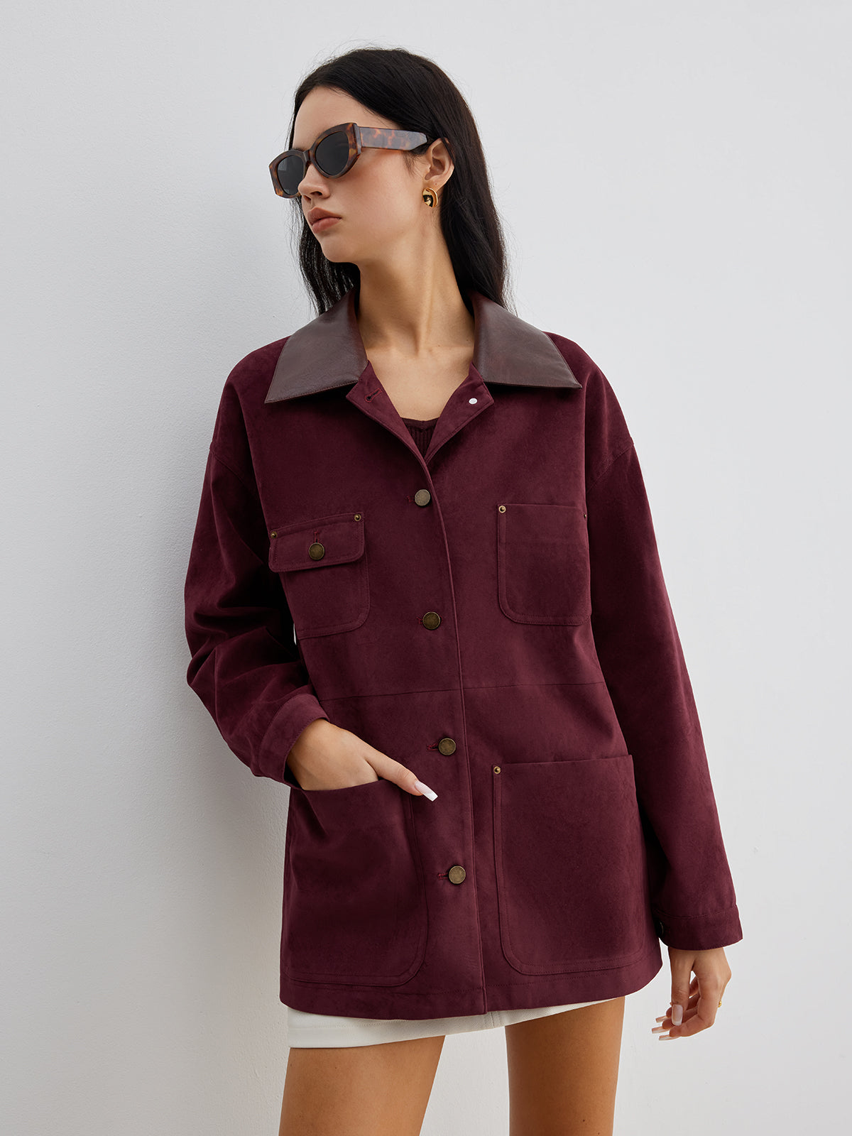 Suede Contrast Collar Pockets Jacket