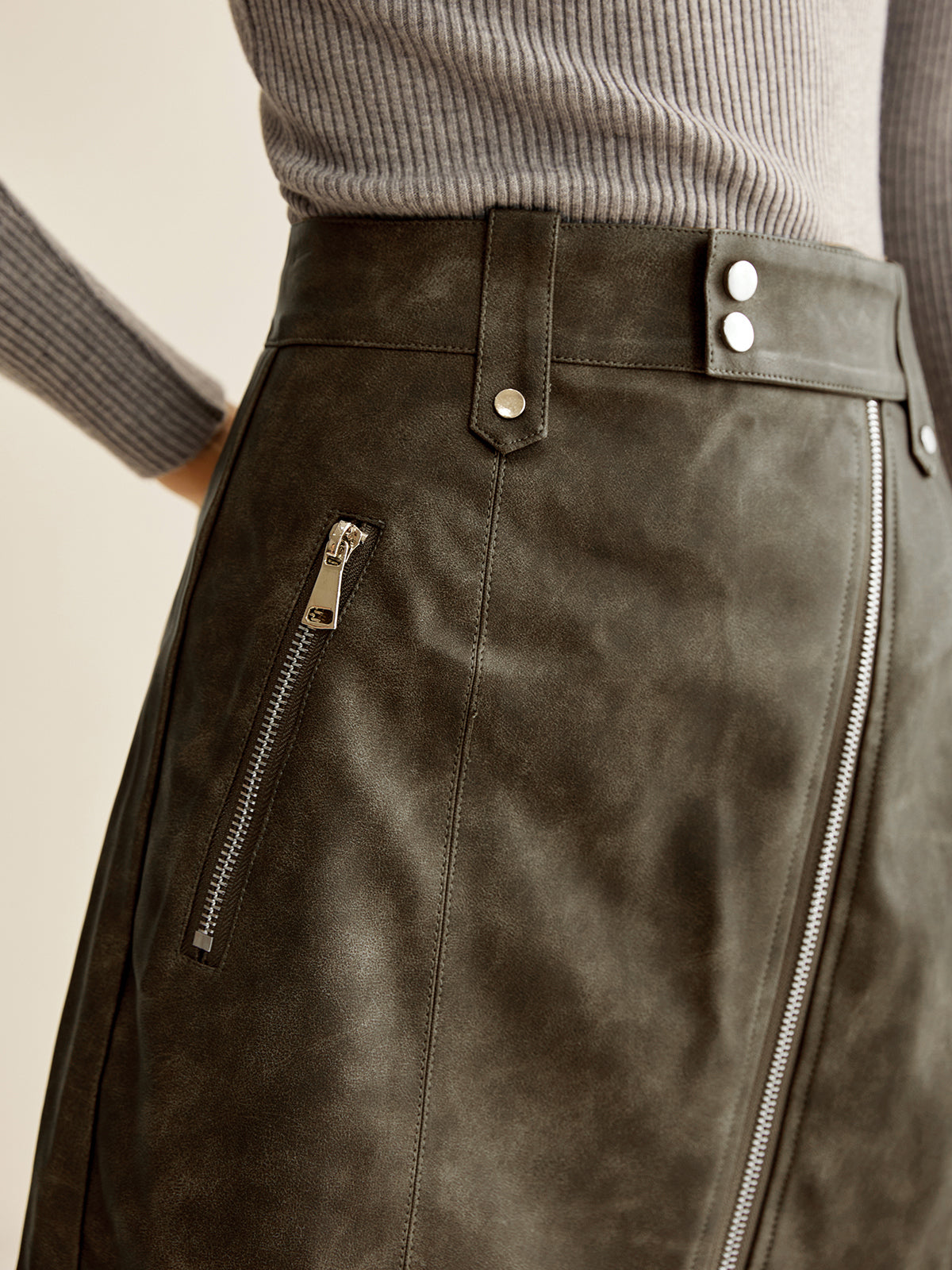 Asymmetrical Zipper Pockets Faux Leather Skirt