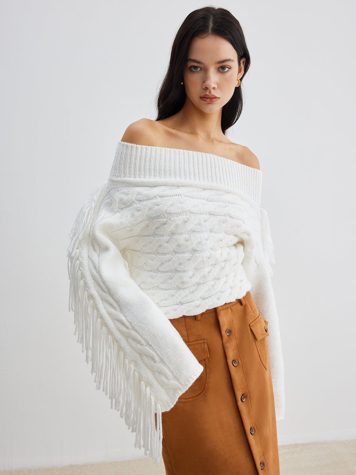 Beheme Off-Shoulder Tassel Sweater