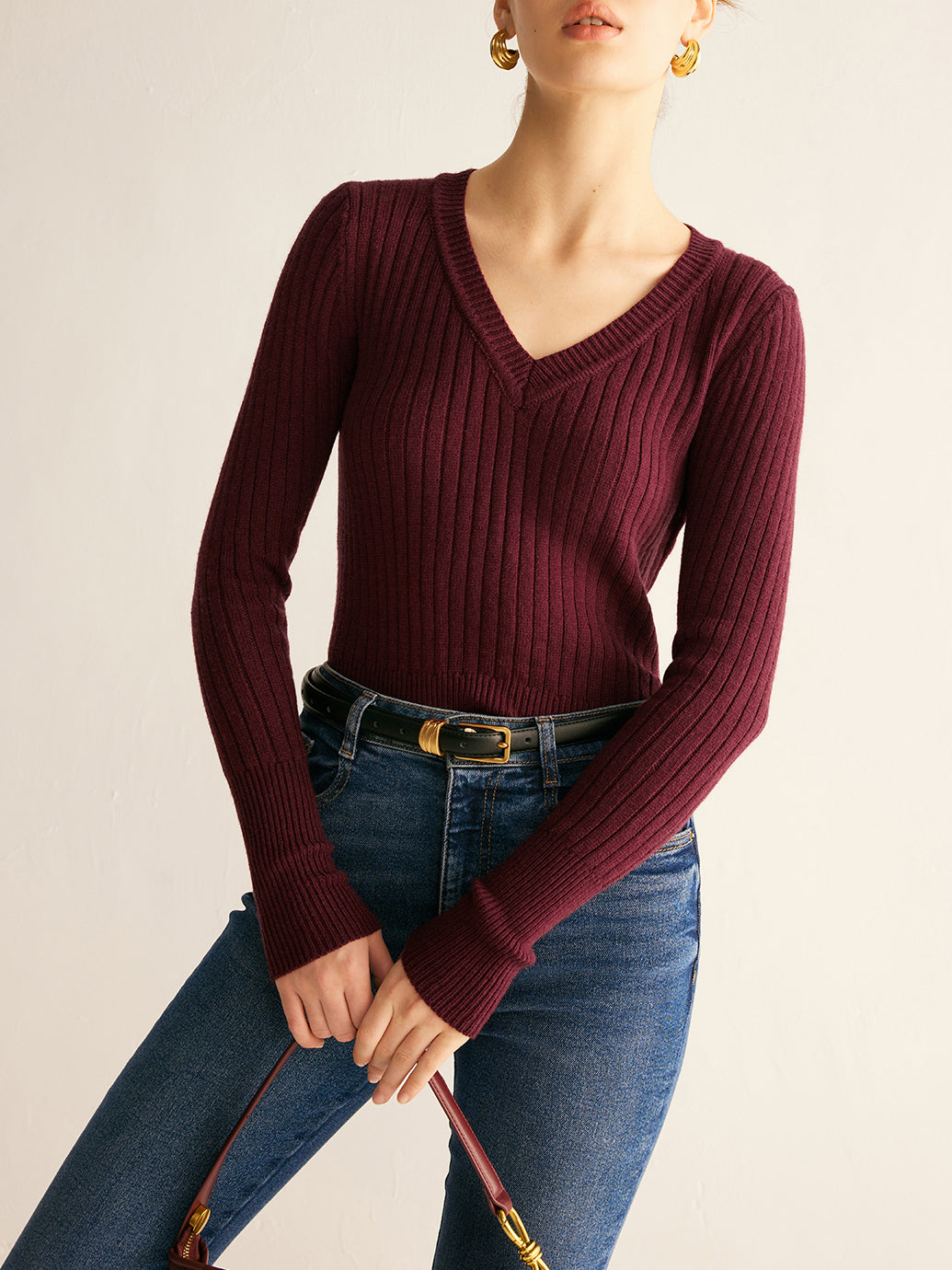 Ribbed V-Neck Skinny Sweater