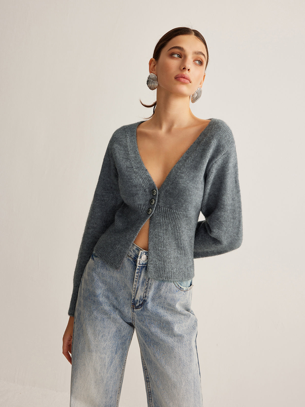 V-Neck Ribbed Split Slim Cardigan