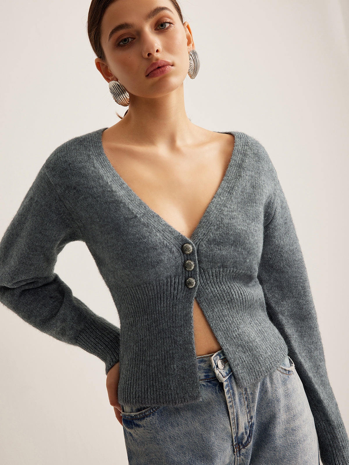 V-Neck Ribbed Split Slim Cardigan