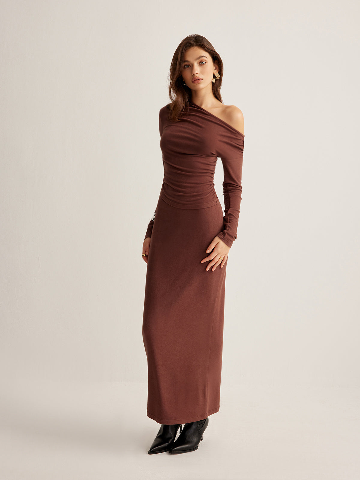 Asymmetrical Neck Slim Jersey Skirt Set