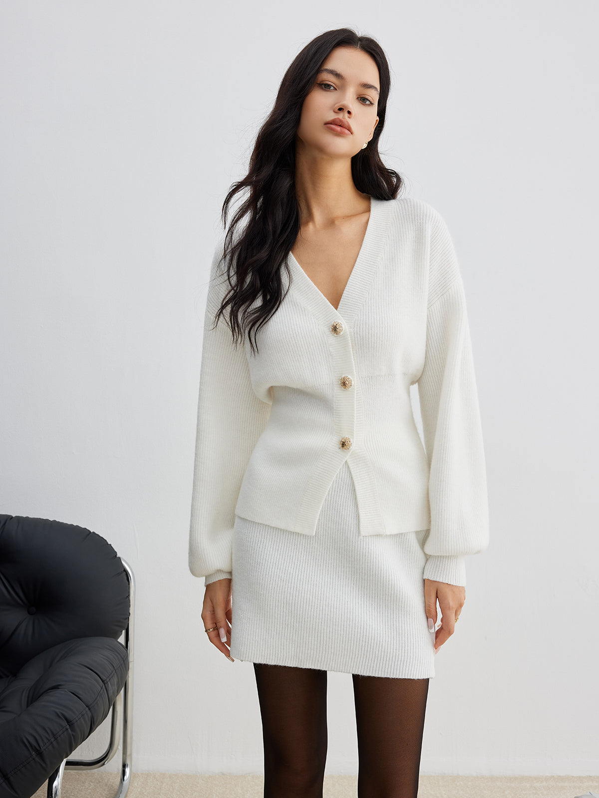 Elegant Button Slit Cinched Cardigan