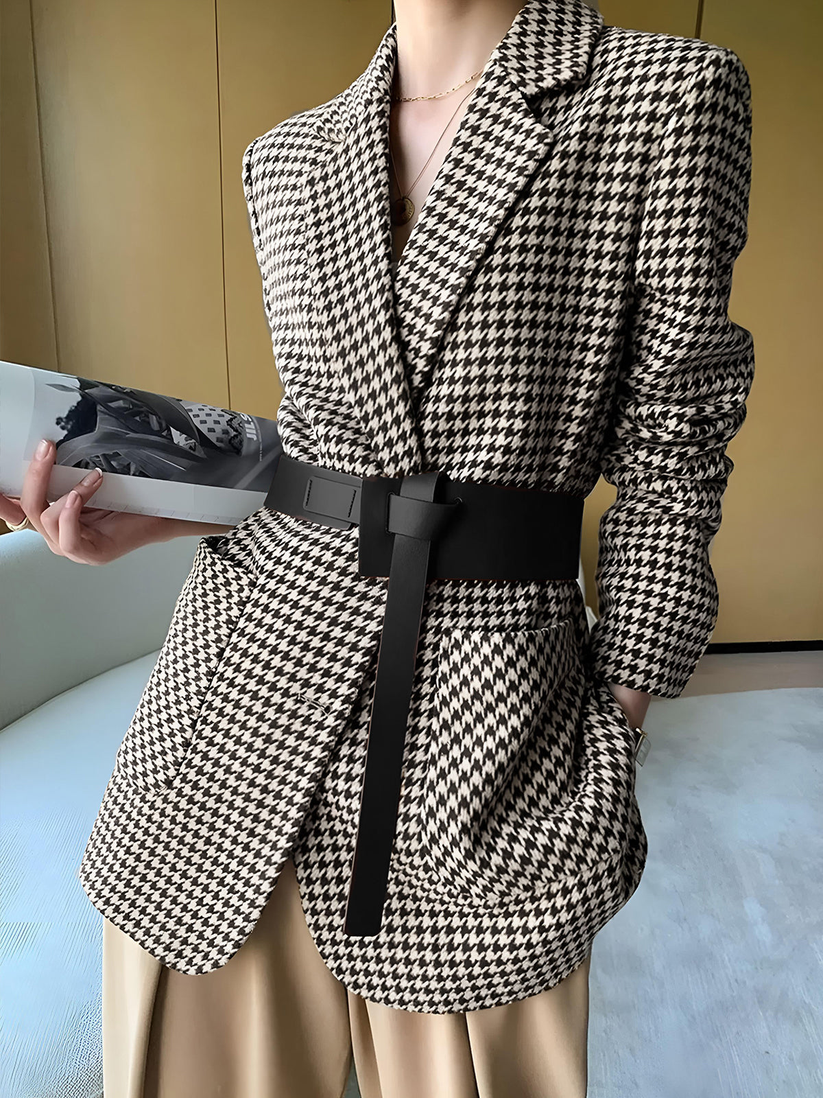 Houndstooth Split Blazer With Belt