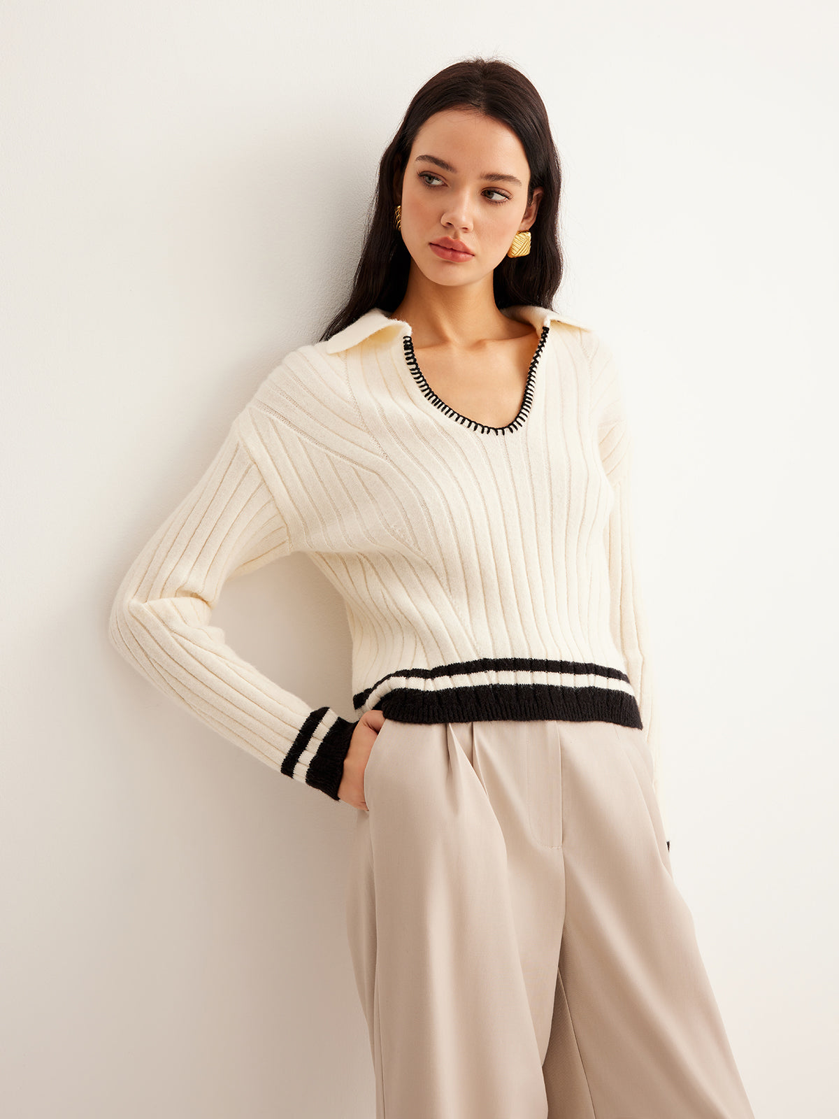 Embroidered Contrast Trim Cozy Sweater