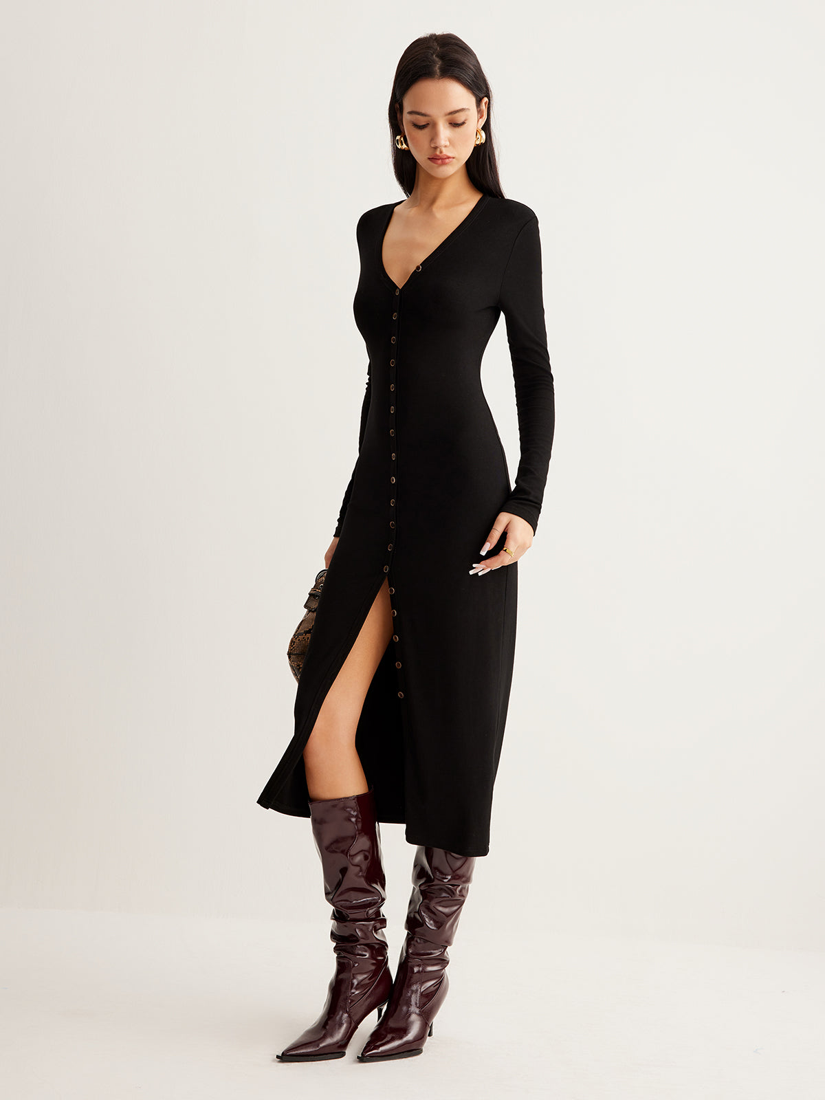 V-Neck Button Slim Long Dress