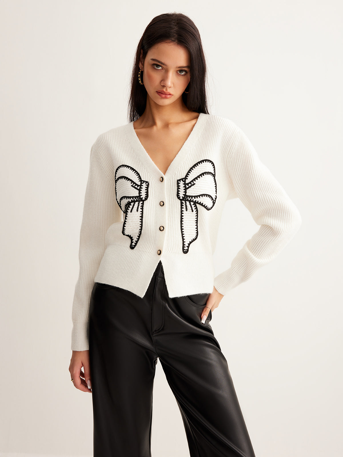 Embroidery-Bow Button Short Cardigan