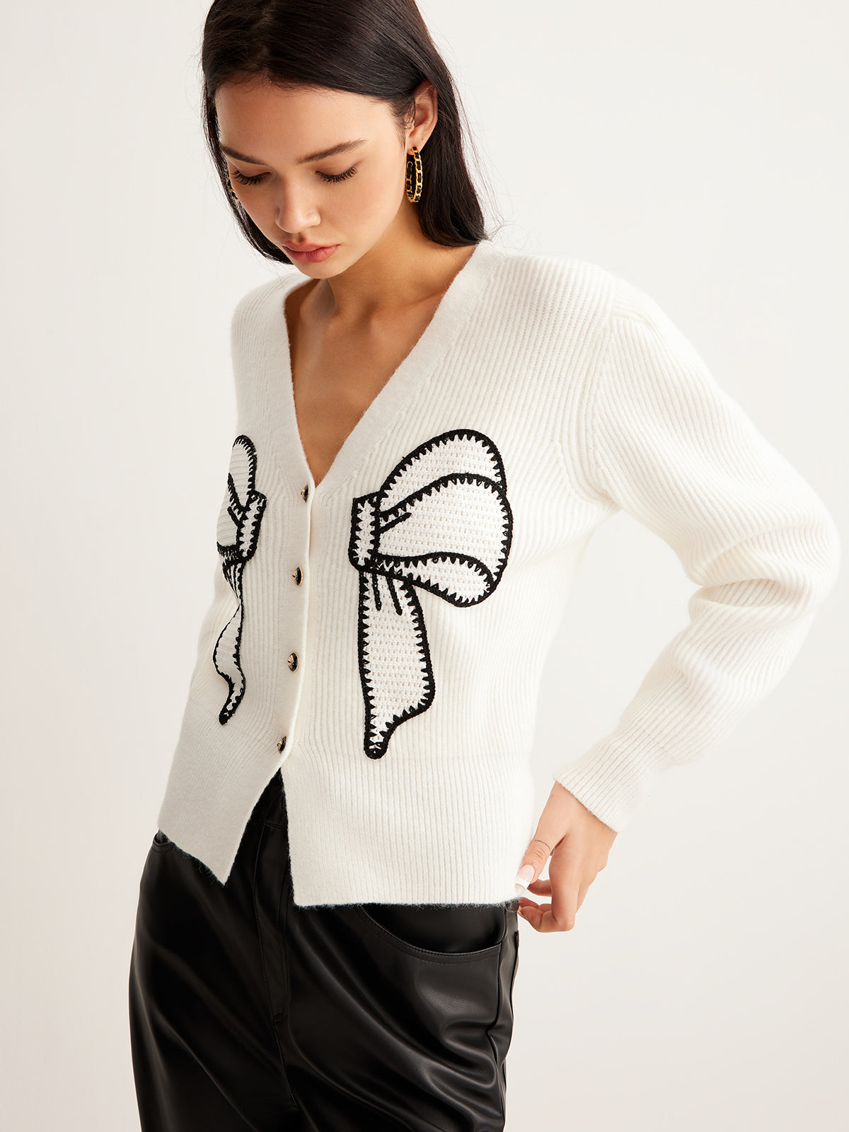 Embroidery-Bow Button Short Cardigan