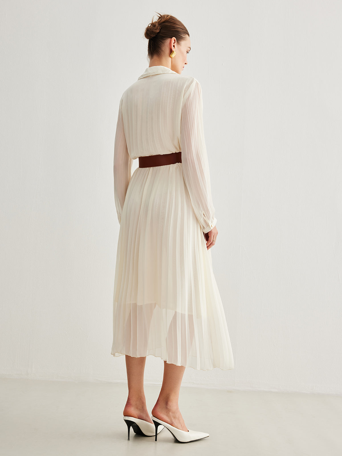 Chiffon Button Pleated Dress With Belt