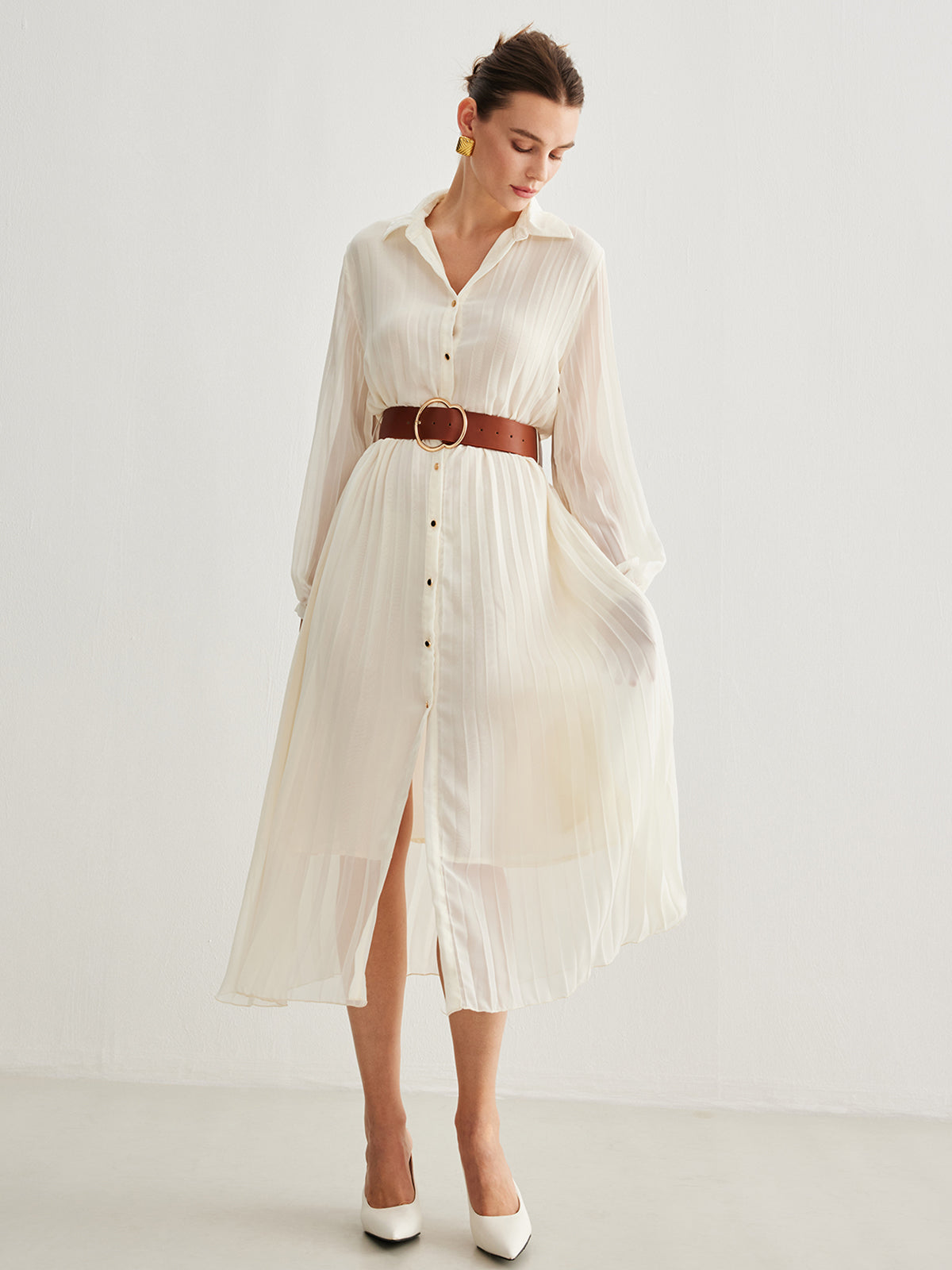 Chiffon Button Pleated Dress With Belt