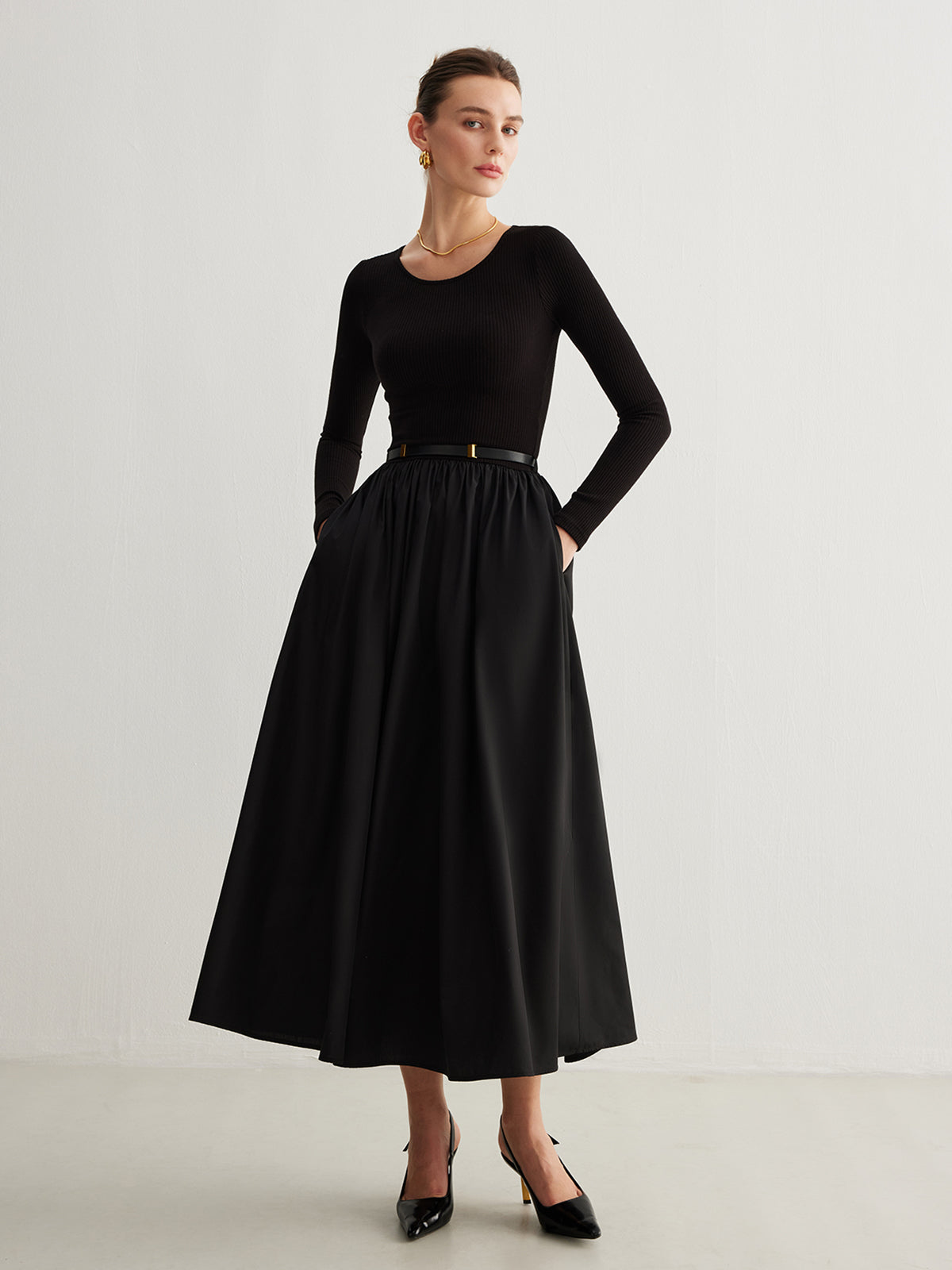 Plain Belted Pleated Panel Dress