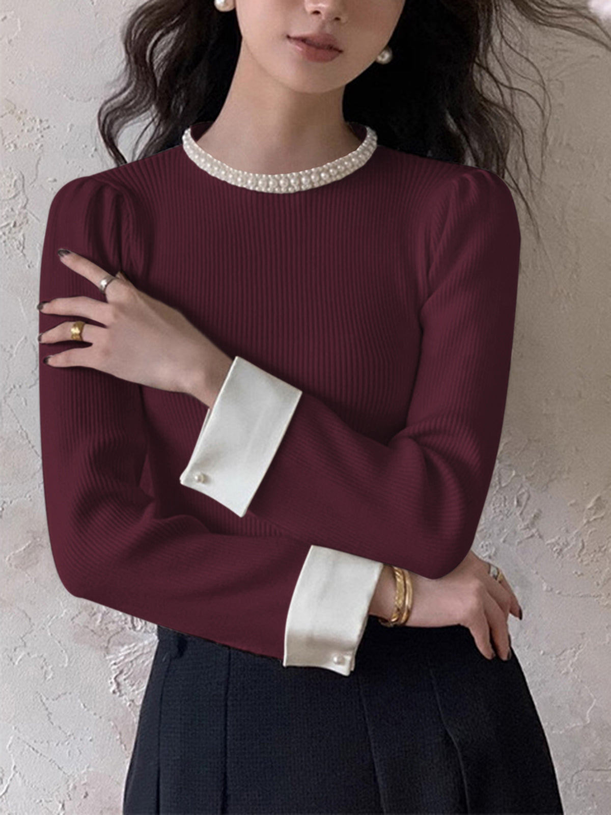 Contrast Trim Pearl-Detail Sweater