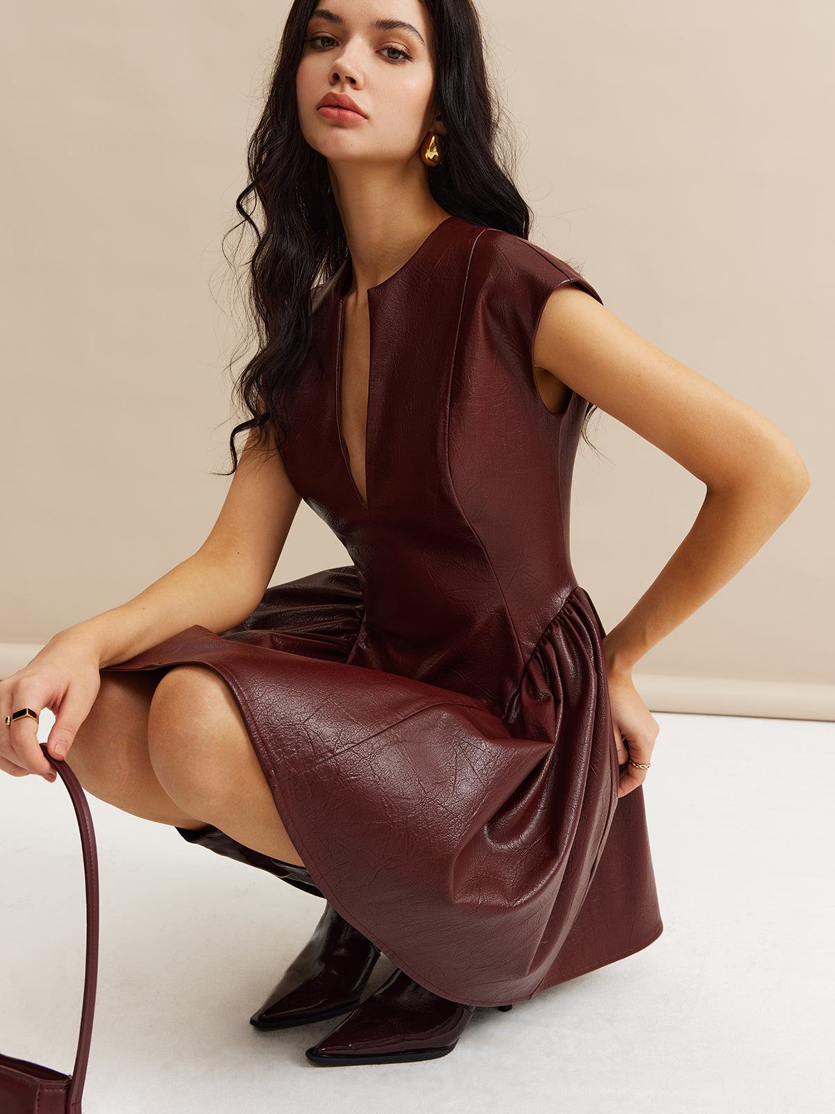 Faux Leather Panel Pleated Dress