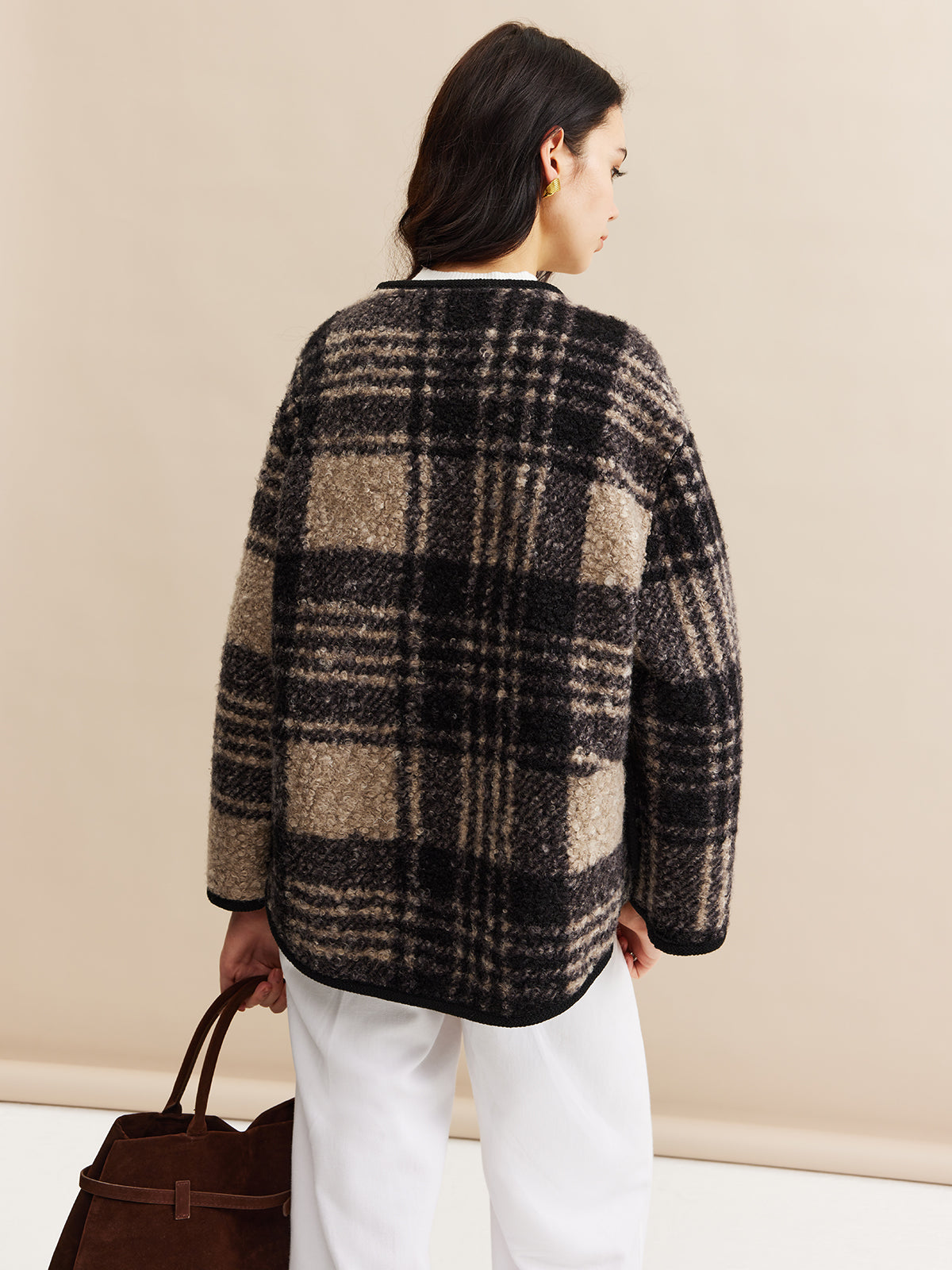 Contrast Trim Checked Tweed Coat