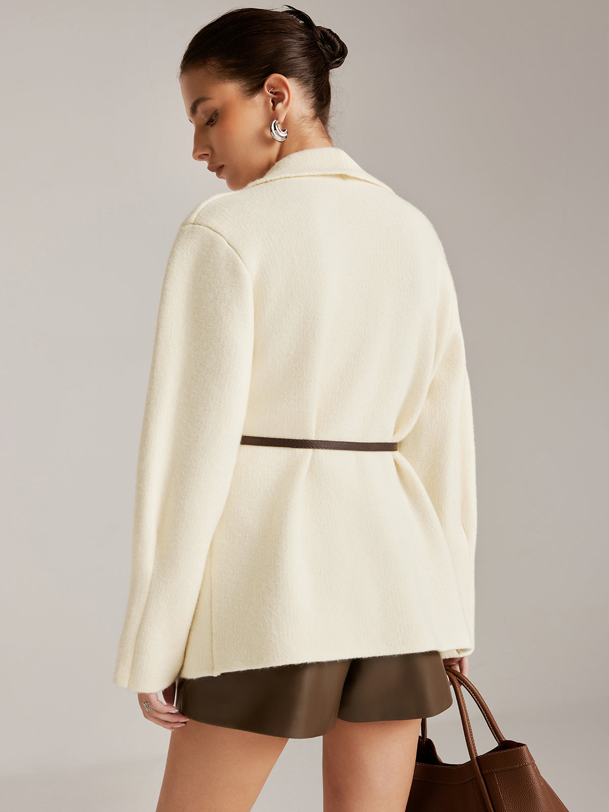 Asymmetrical Plain Belted Knit Outerwear