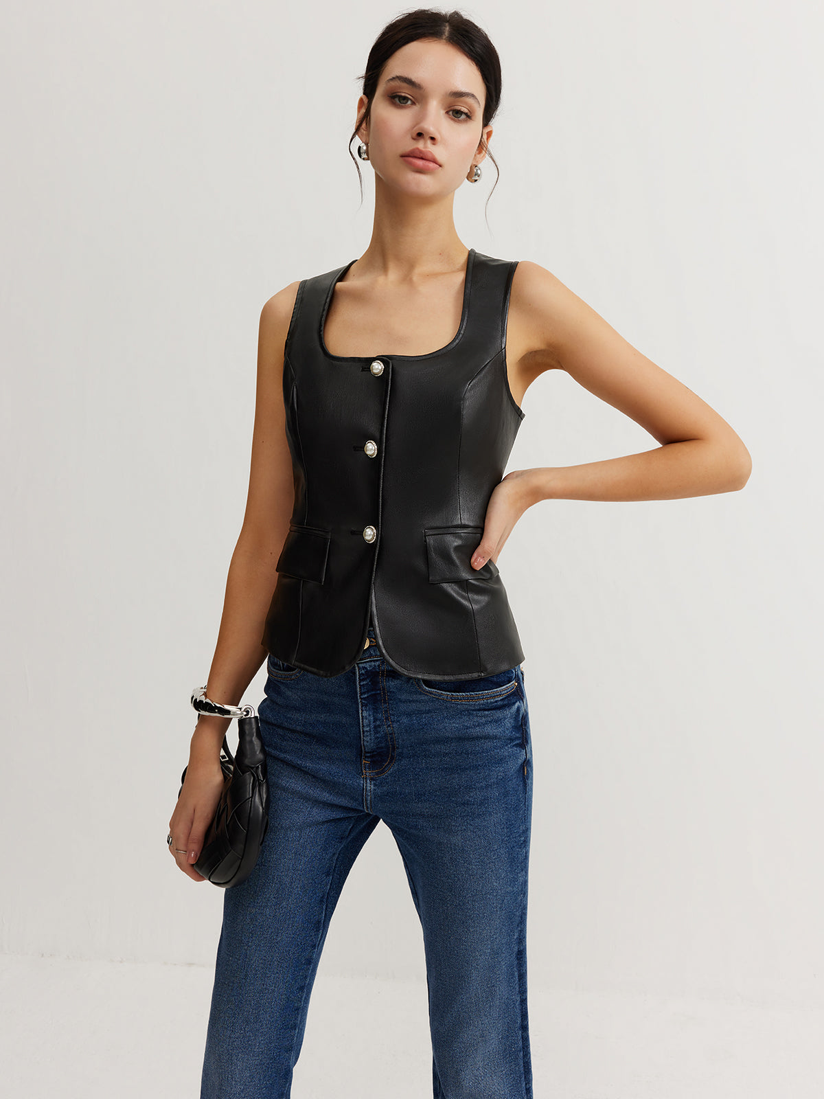 Faux Leather Button Vest