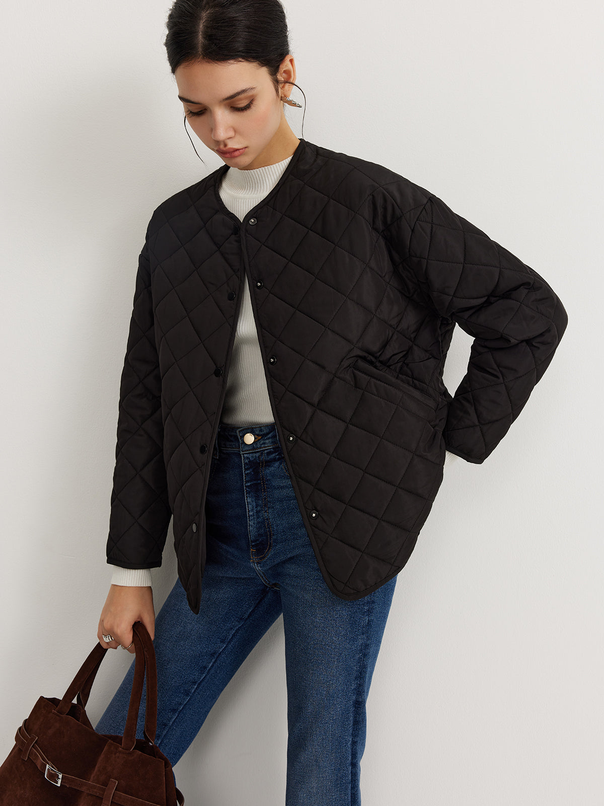 Plain Quilted Button Winter Coat With Matching Scarf