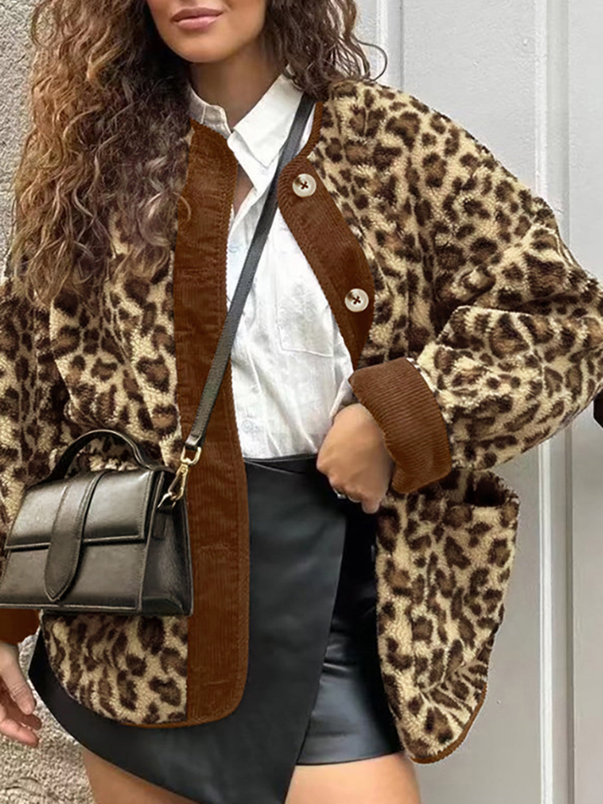 Contrast Trim Minky Leopard Jacket