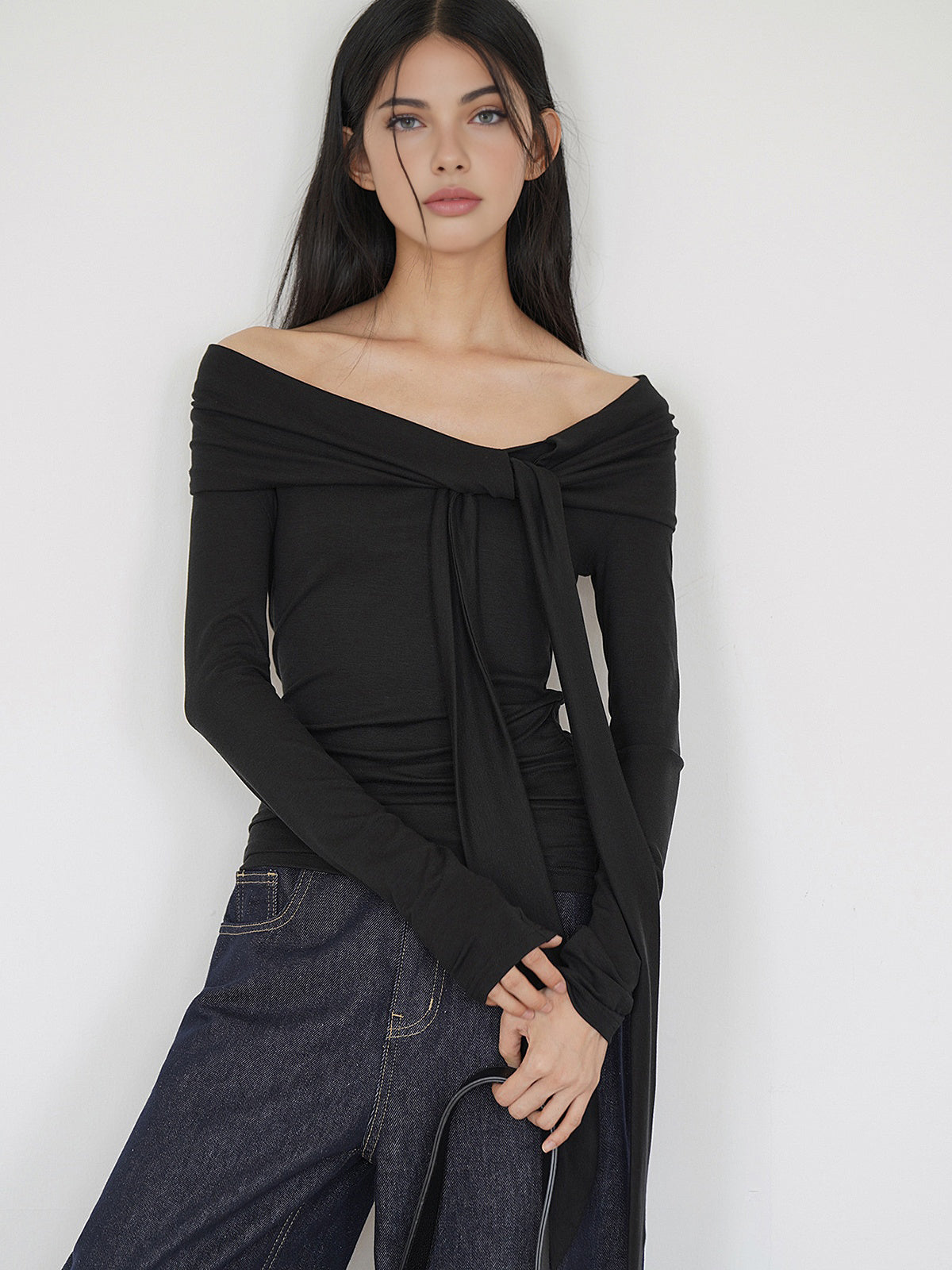 Cold-Shoulder Tie Neck Jersey Top