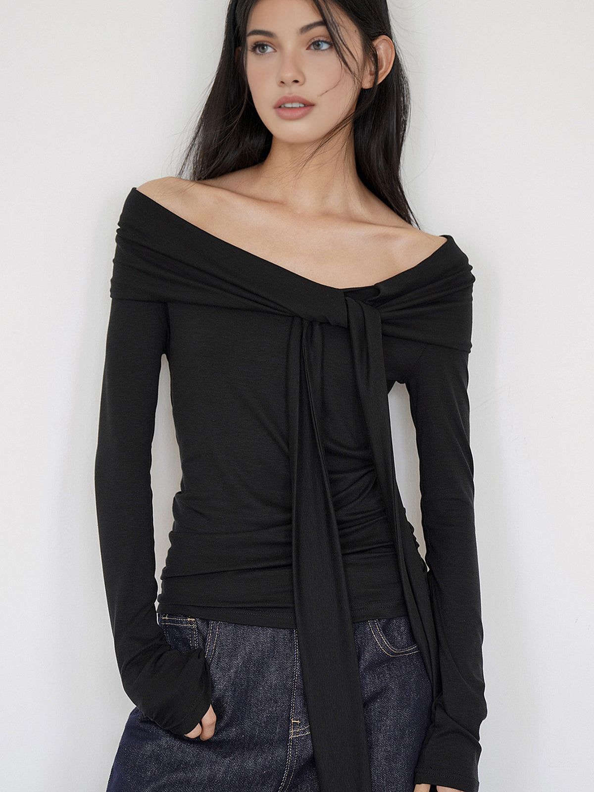 Cold-Shoulder Tie Neck Jersey Top