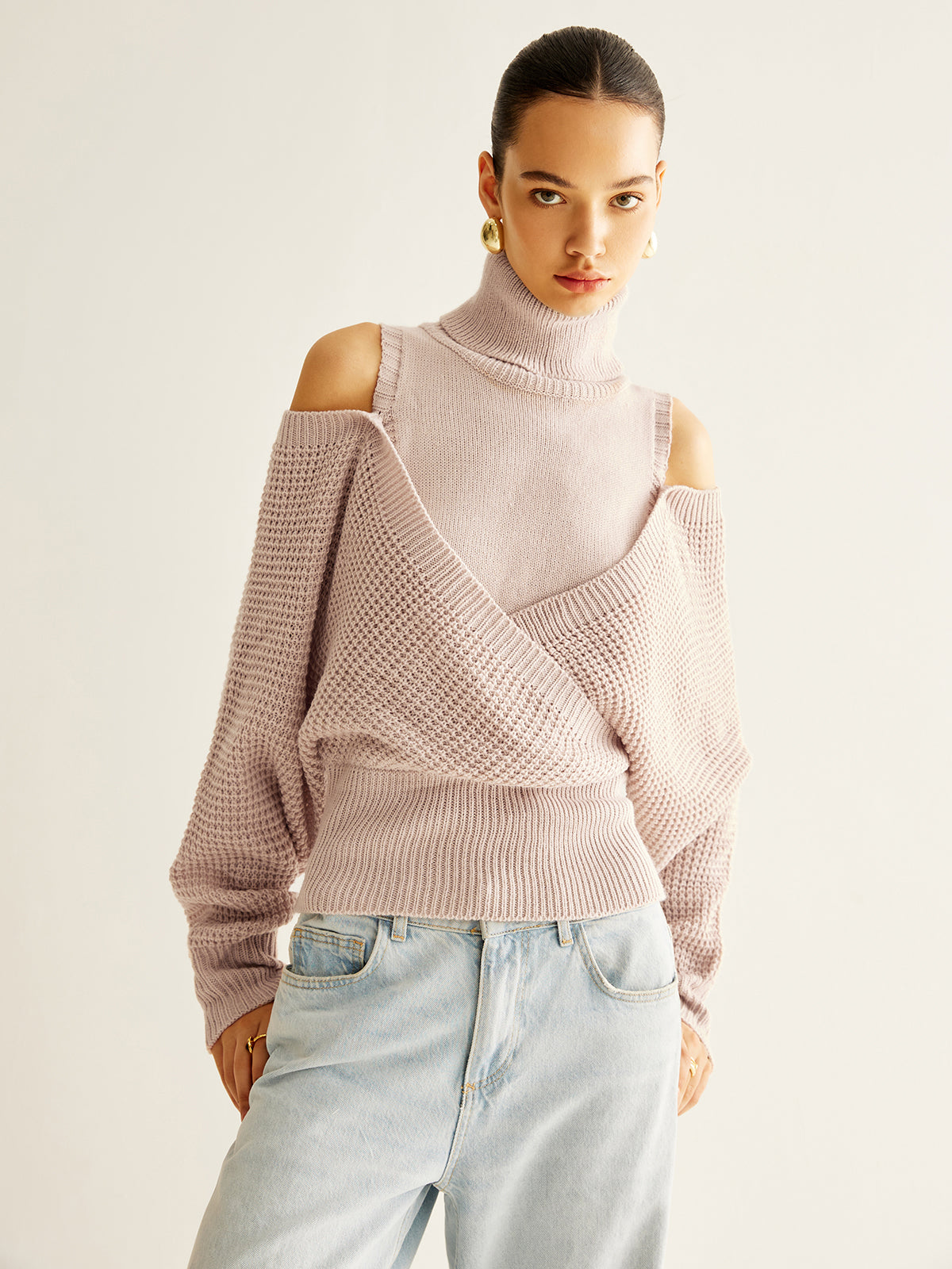 Oversized Wool-Blend Turtleneck Cinched Knit Top