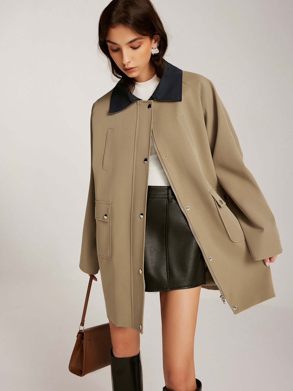 Contrast-Collar Zipper Oversized Trench Coat