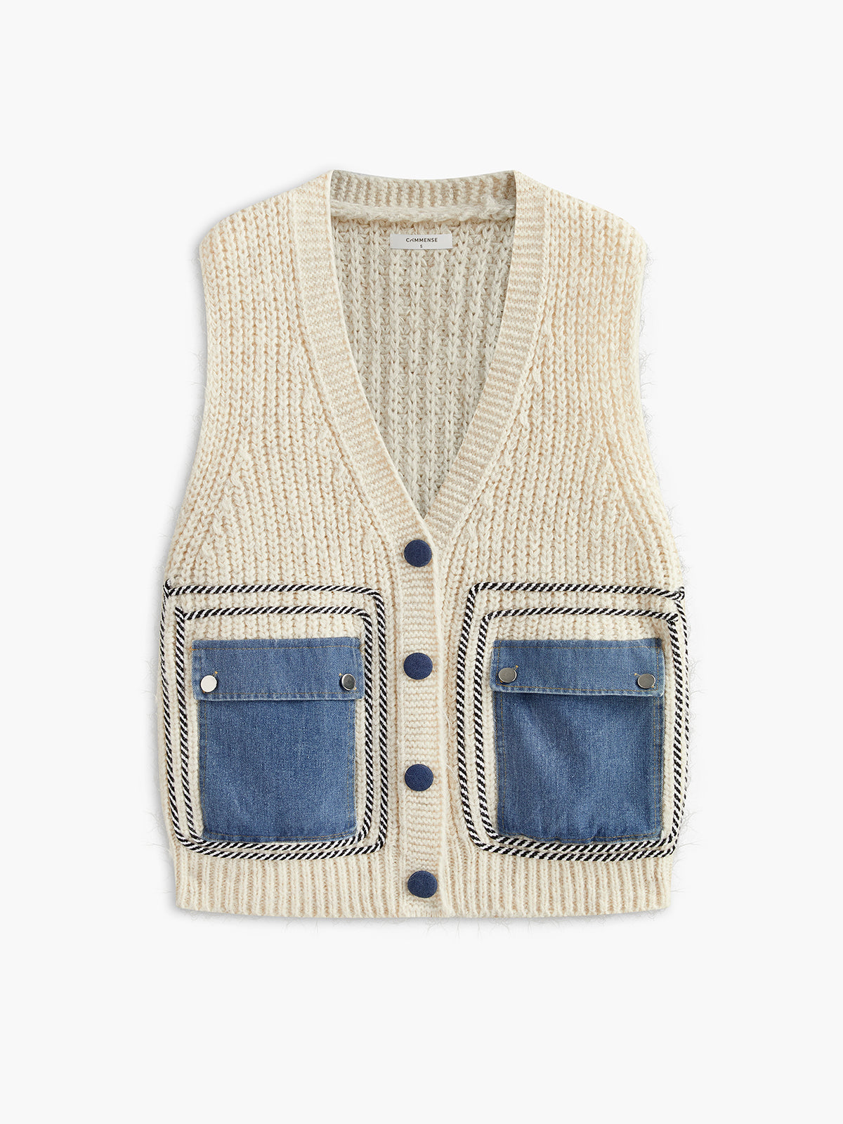 Denim-Pockets V-Neck Sweater Vest