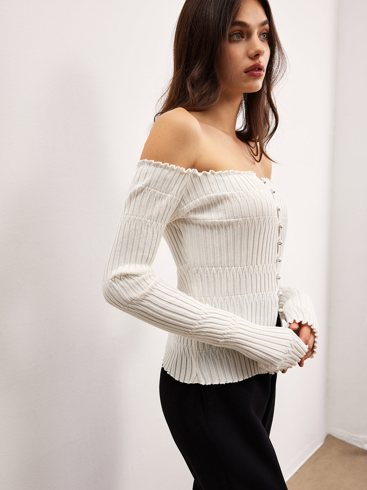 Off-Shoulder Lettuce Trim Cardigan