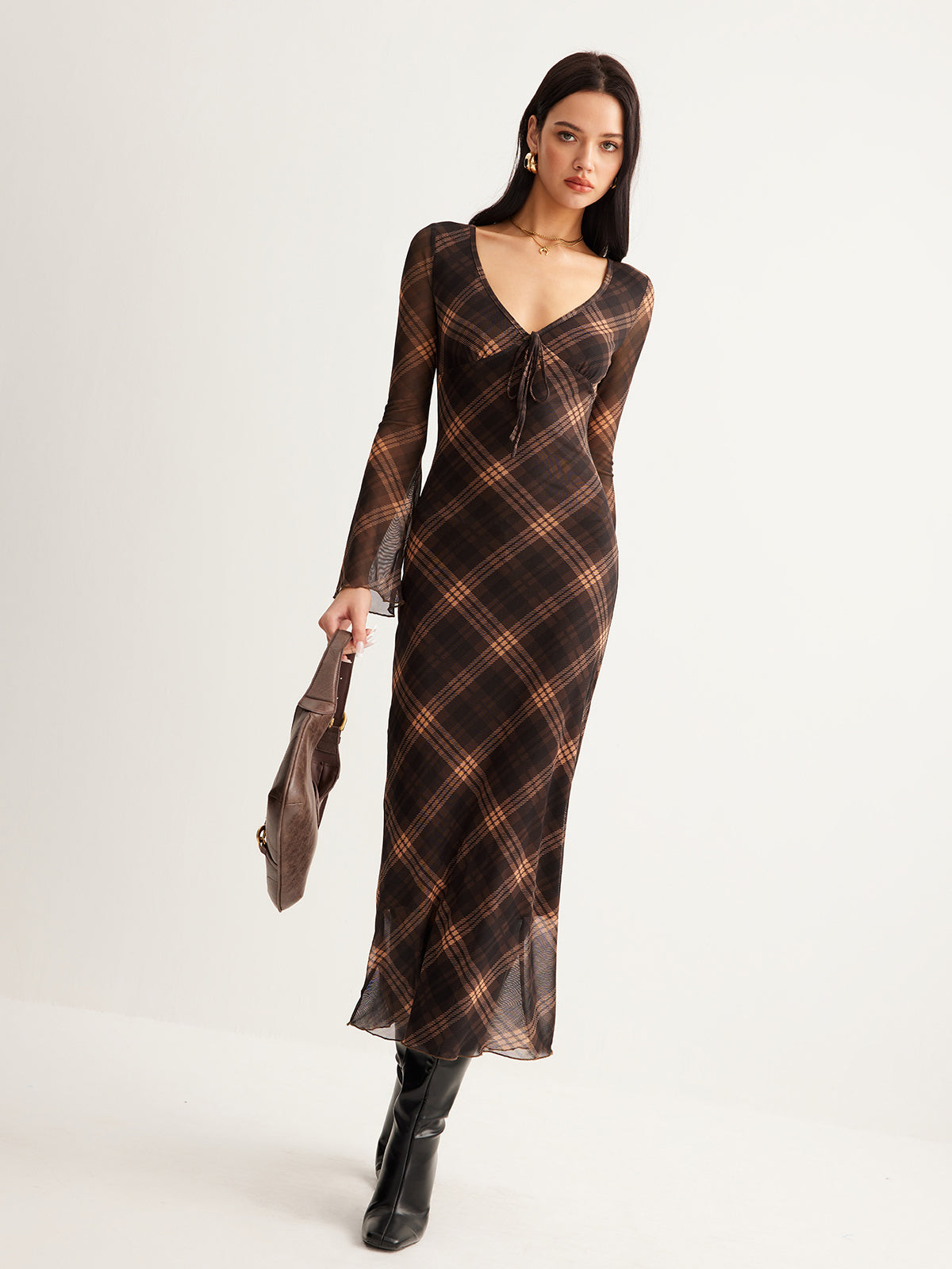 Checked Bell-Sleeve Mesh Dress