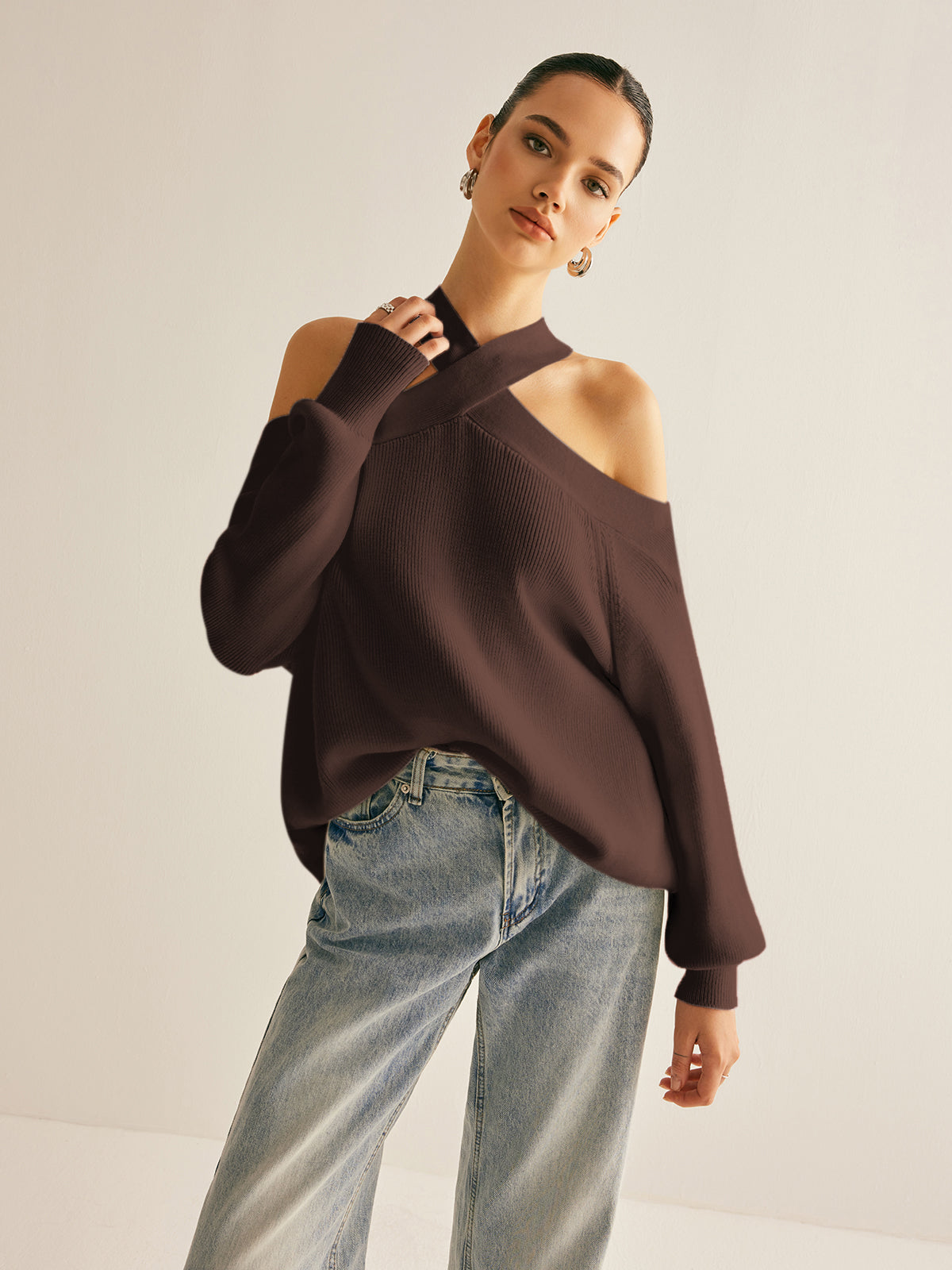 Cross-Over Collar Cold-Shoulder Sweater