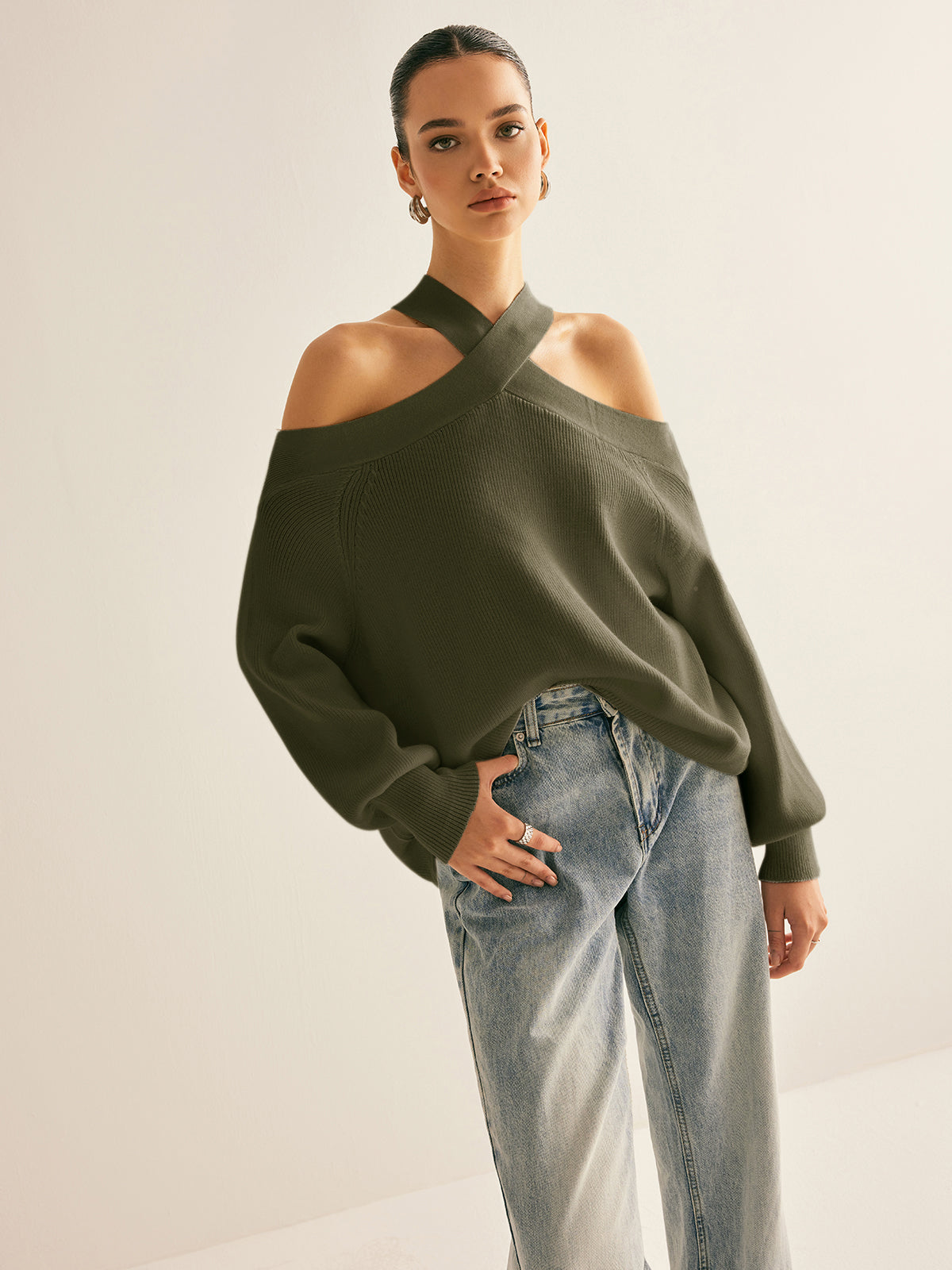 Cross-Over Collar Cold-Shoulder Sweater