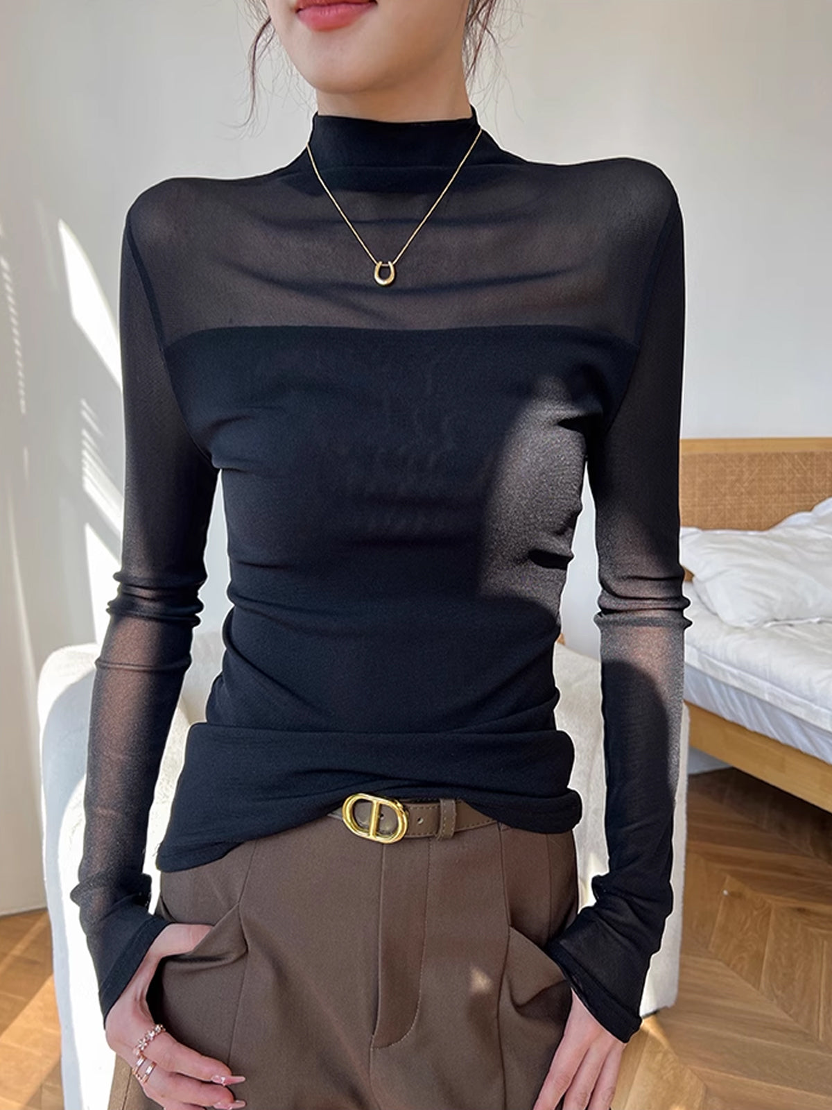 Mock Neck Sheer Mesh Panel T-Shirt