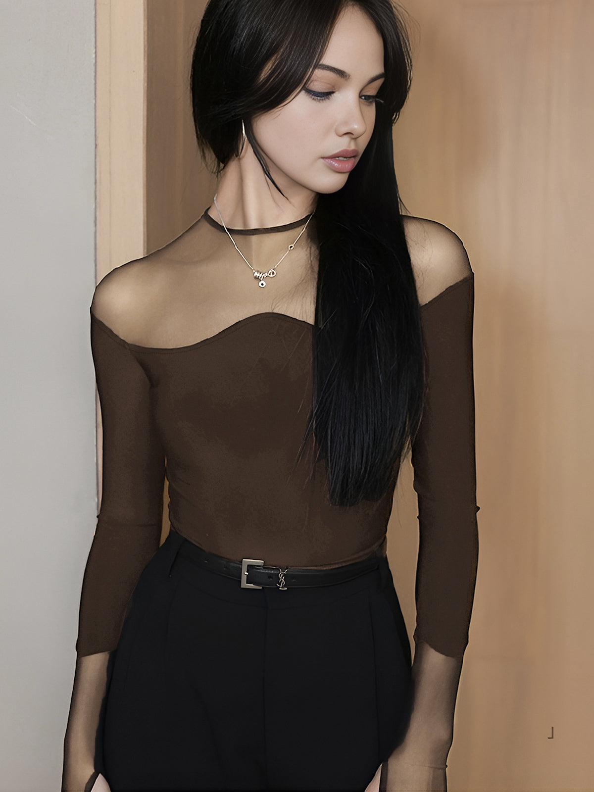 Back Zipper Sheer Panel T-Shirt