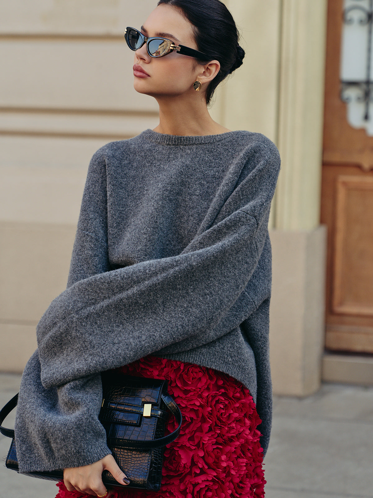 Wool-Blend Oversized Plain Pullover Sweater