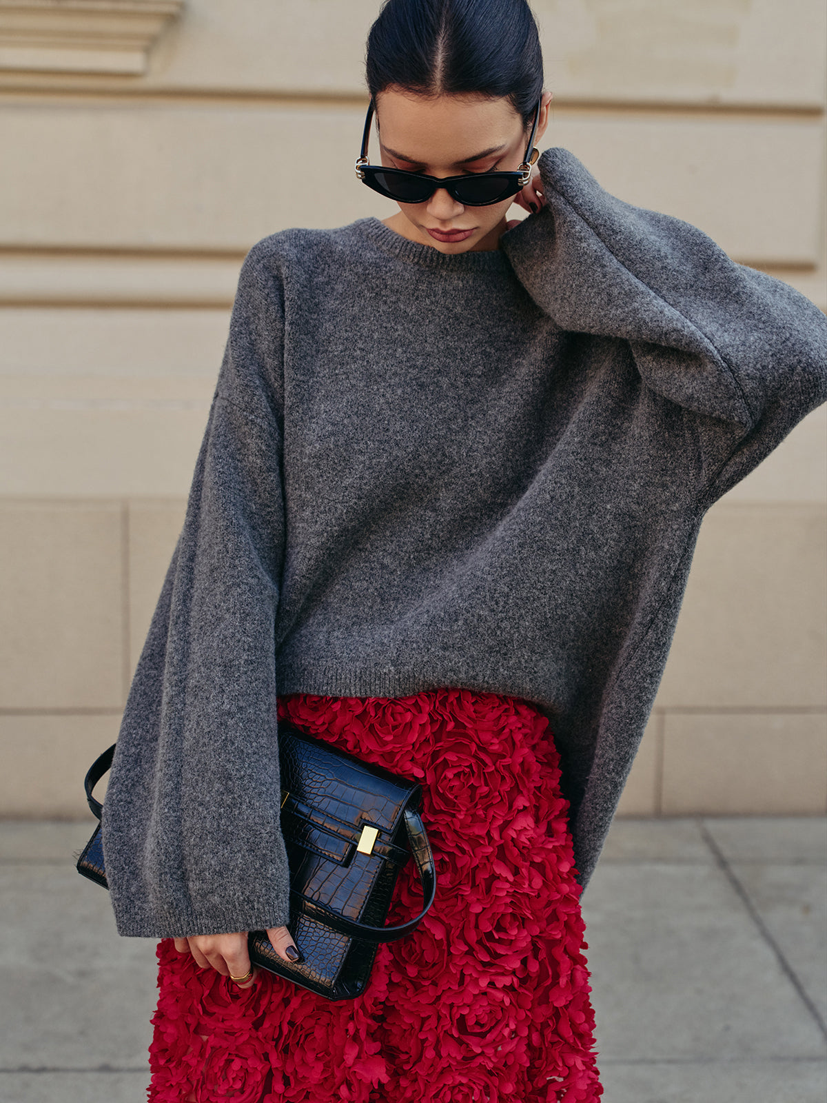 Wool-Blend Oversized Plain Pullover Sweater