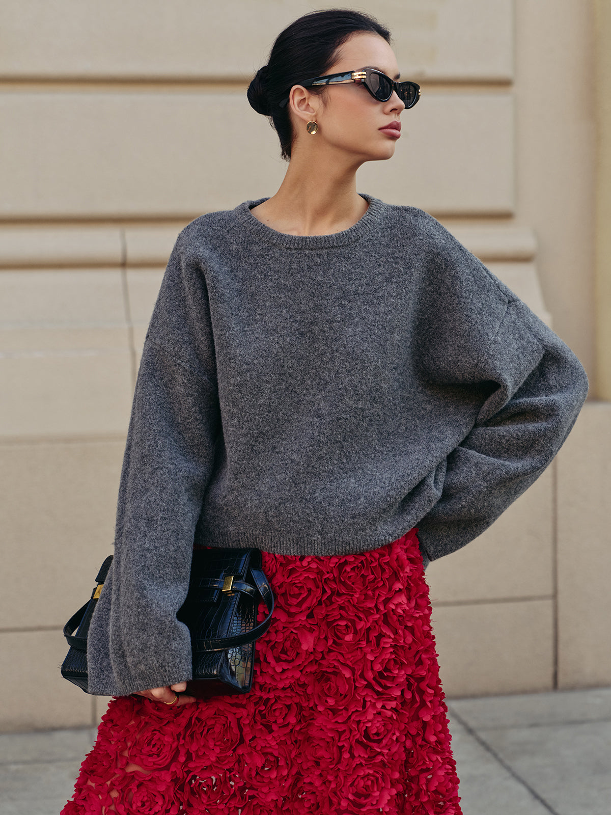 Wool-Blend Oversized Plain Pullover Sweater