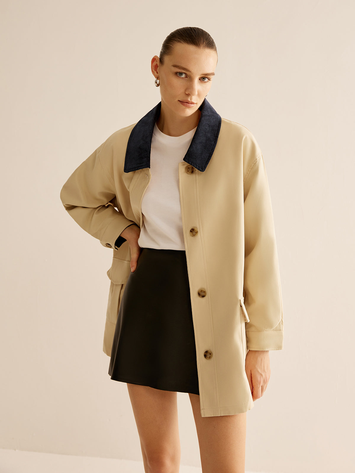 Oversized Cotton Contrast Collar Button Jacket