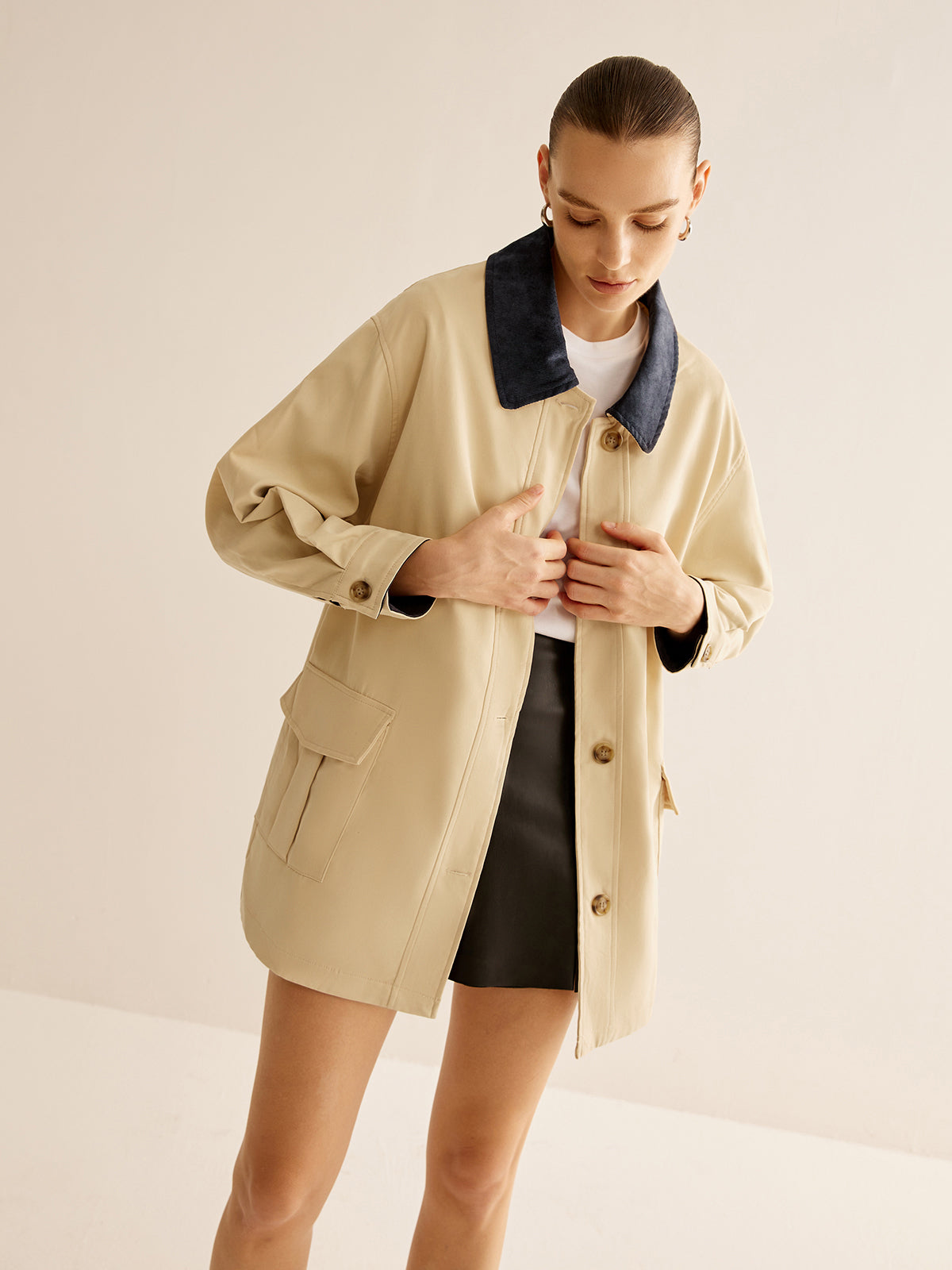 Oversized Cotton Contrast Collar Button Jacket