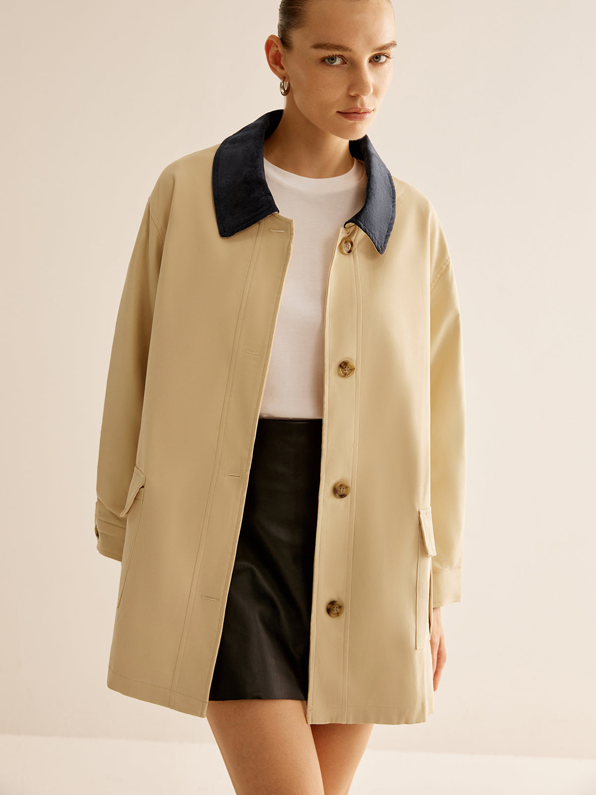 Oversized Cotton Contrast Collar Button Jacket