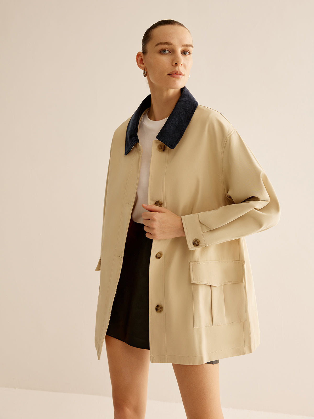 Oversized Cotton Contrast Collar Button Jacket