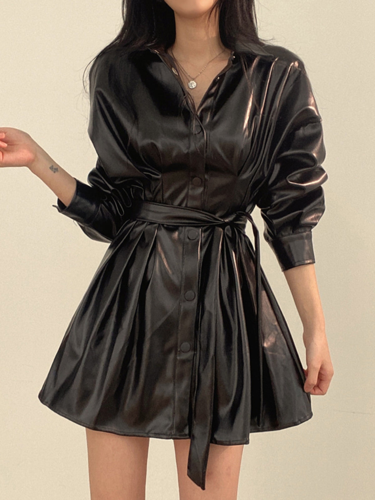 Plain Belted PU Leather Dress